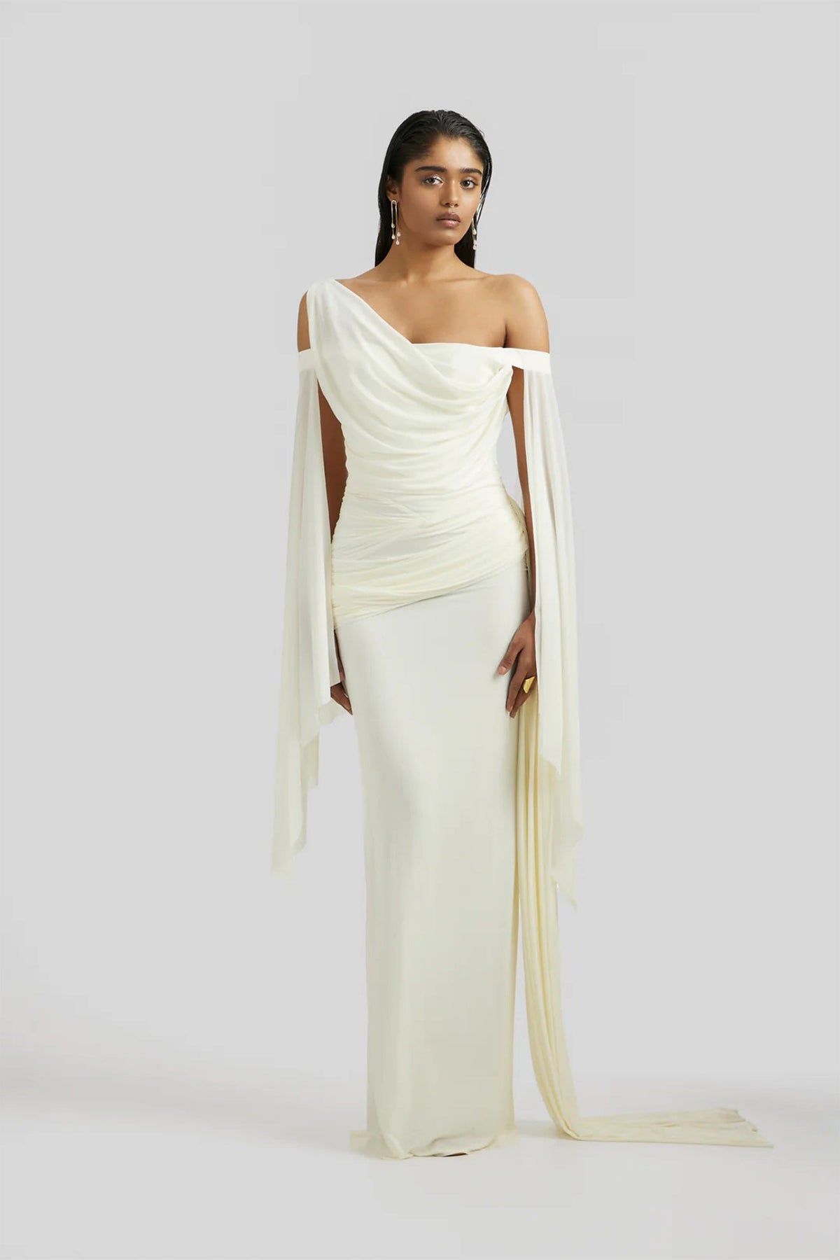 Aurianne White Asymmetrical Draped Maxi Dress
