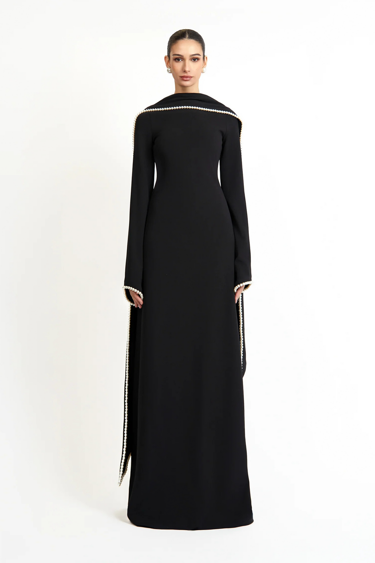 Piroska Black Pearl Trim Shawl Detail Maxi Dress