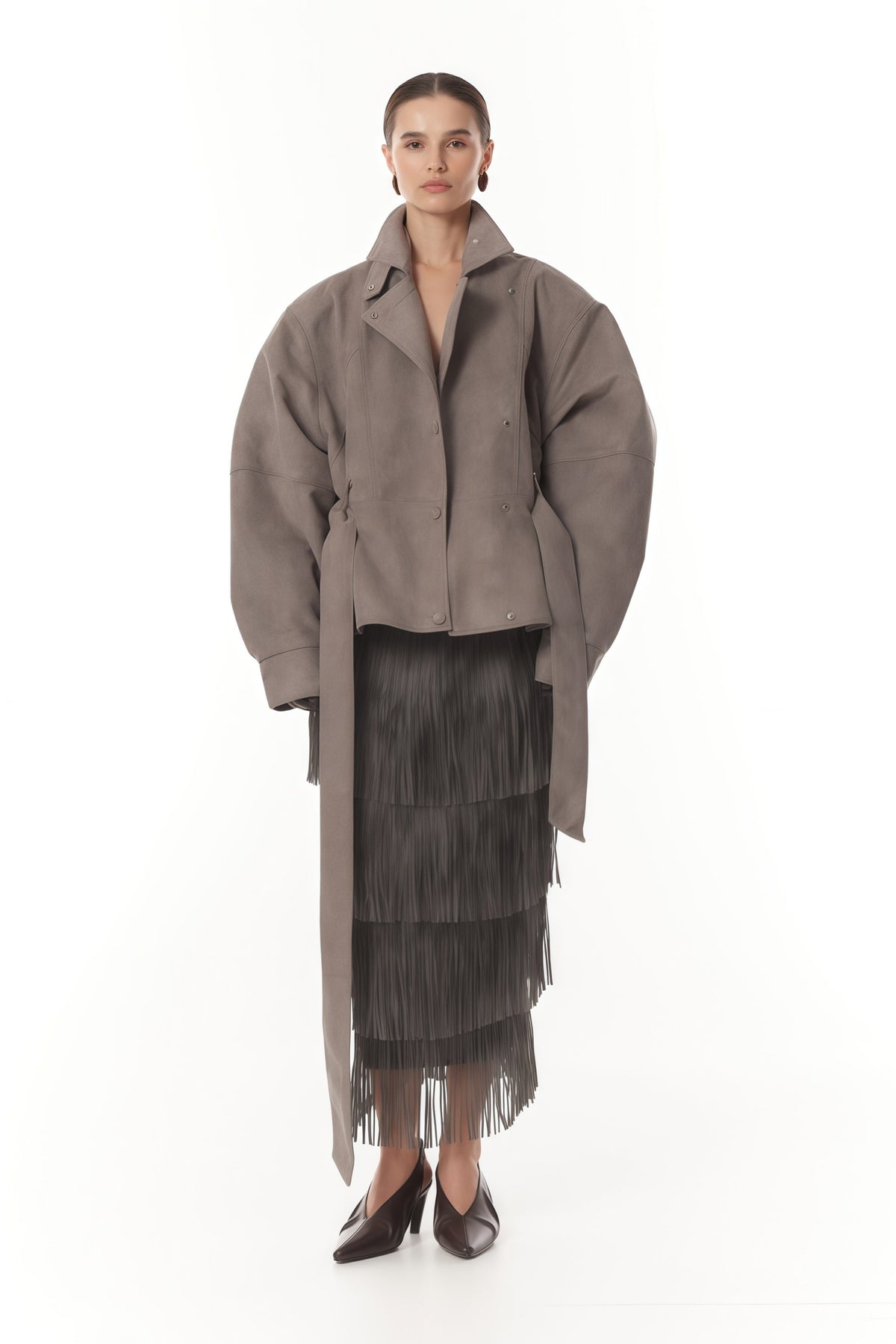 Aveline Grey Belted Suede Biker Jacket