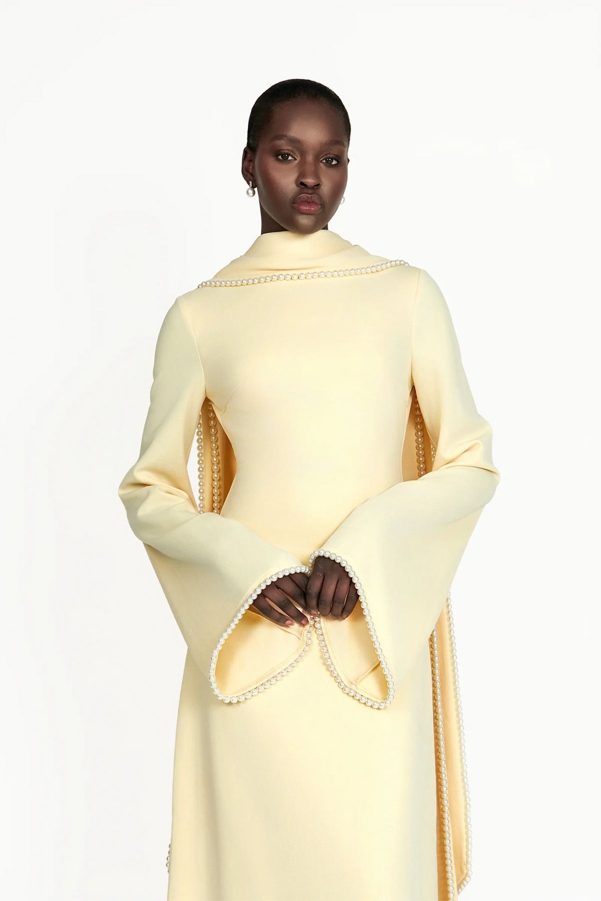 Piroska Yellow Pearl Trim Shawl Detail Maxi Dress
