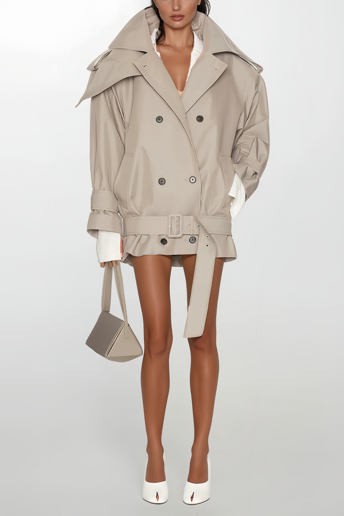 Mavis Grey Double-Breasted Belted Trench Coat