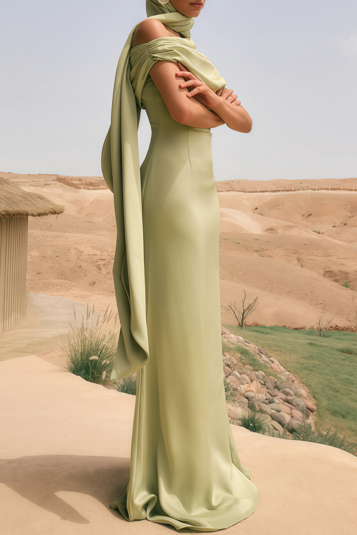 Benedetta Green One Shoulder Satin Maxi Dress