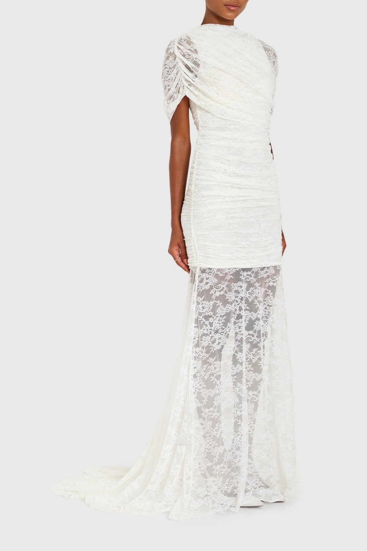 Sylphe White Asymmetrical Ruched Mesh Maxi Dress