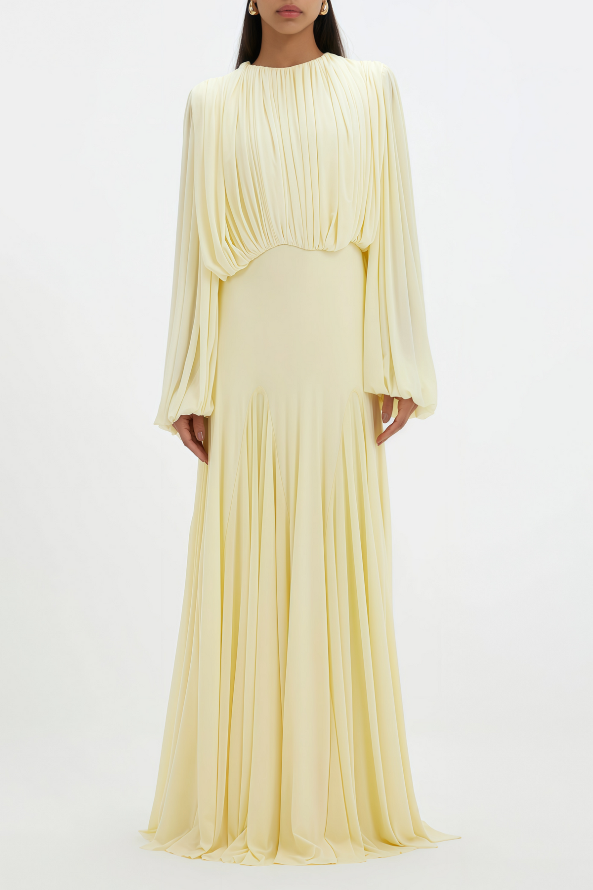 Annabelle Yellow Lantern Sleeve Pleated Maxi Dress