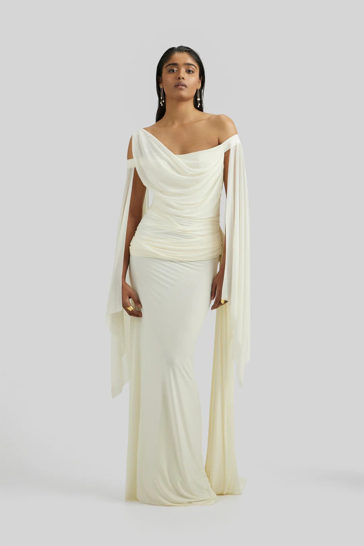 Aurianne White Asymmetrical Draped Maxi Dress