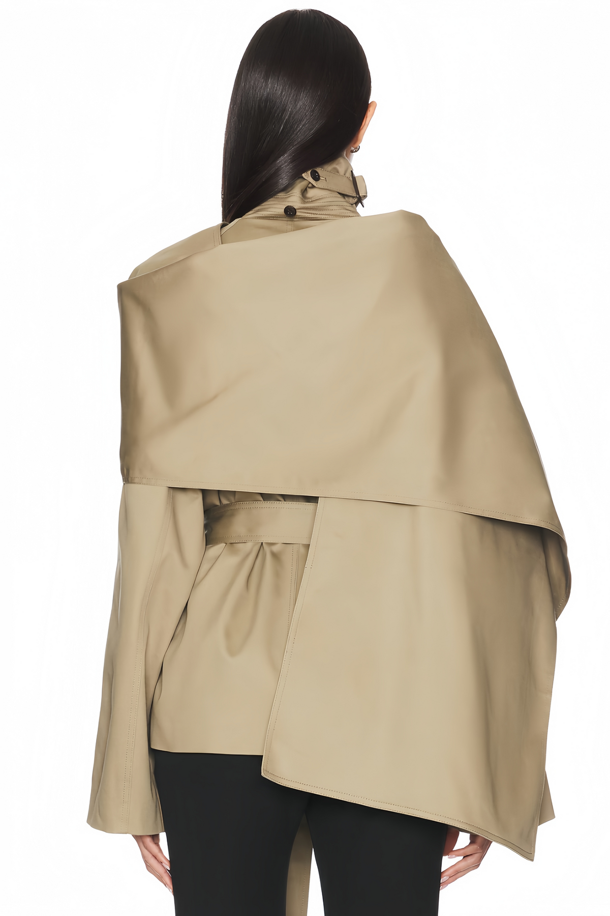 Orsolya Khaki Asymmetrical Shawl Design Trench Coat