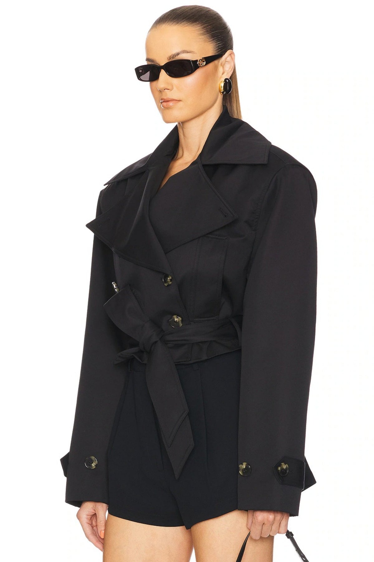 Avril Black Double-Breasted Short Trench Coat