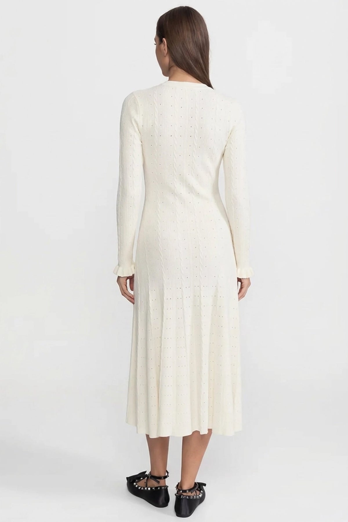 Knit Button-Front Midi Dress with Pointelle Detailing – Ivoire