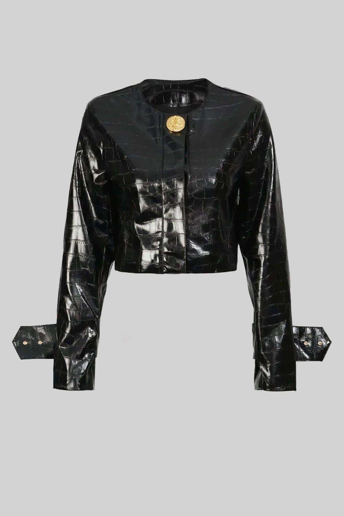 Croc-Effect Cropped Jacket With Gold Button Closure - Black