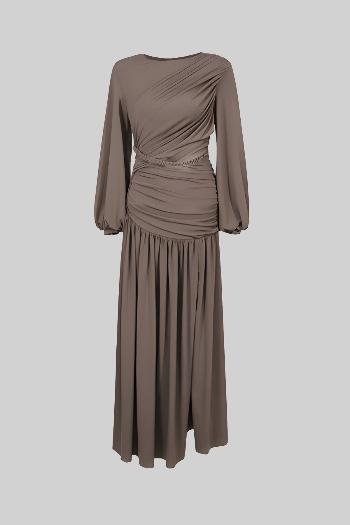 Draped Maxi Dress with Braided Waist Detail - Khaki