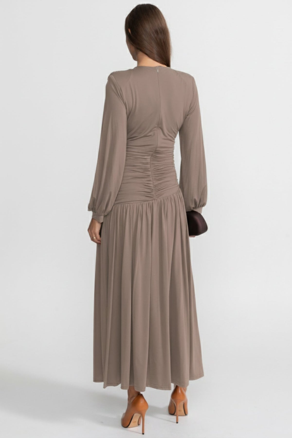 Draped Maxi Dress with Braided Waist Detail - Khaki