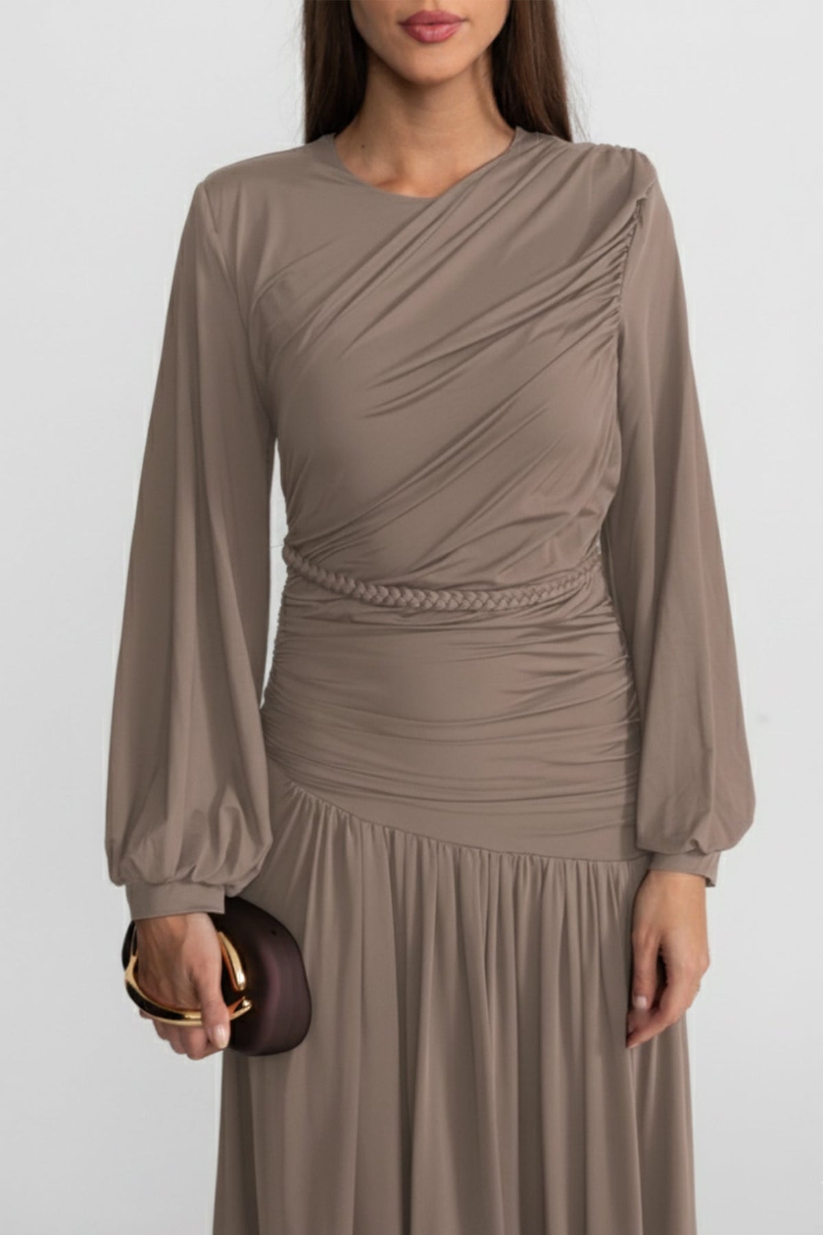 Draped Maxi Dress with Braided Waist Detail - Khaki