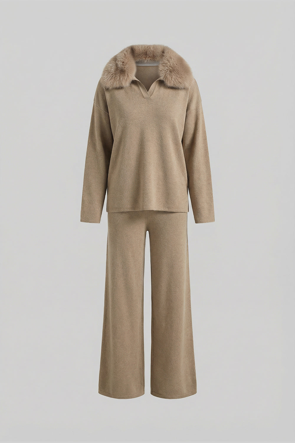 Knit Lounge Co-Ord Set with Fox Fur Collar – Khaki