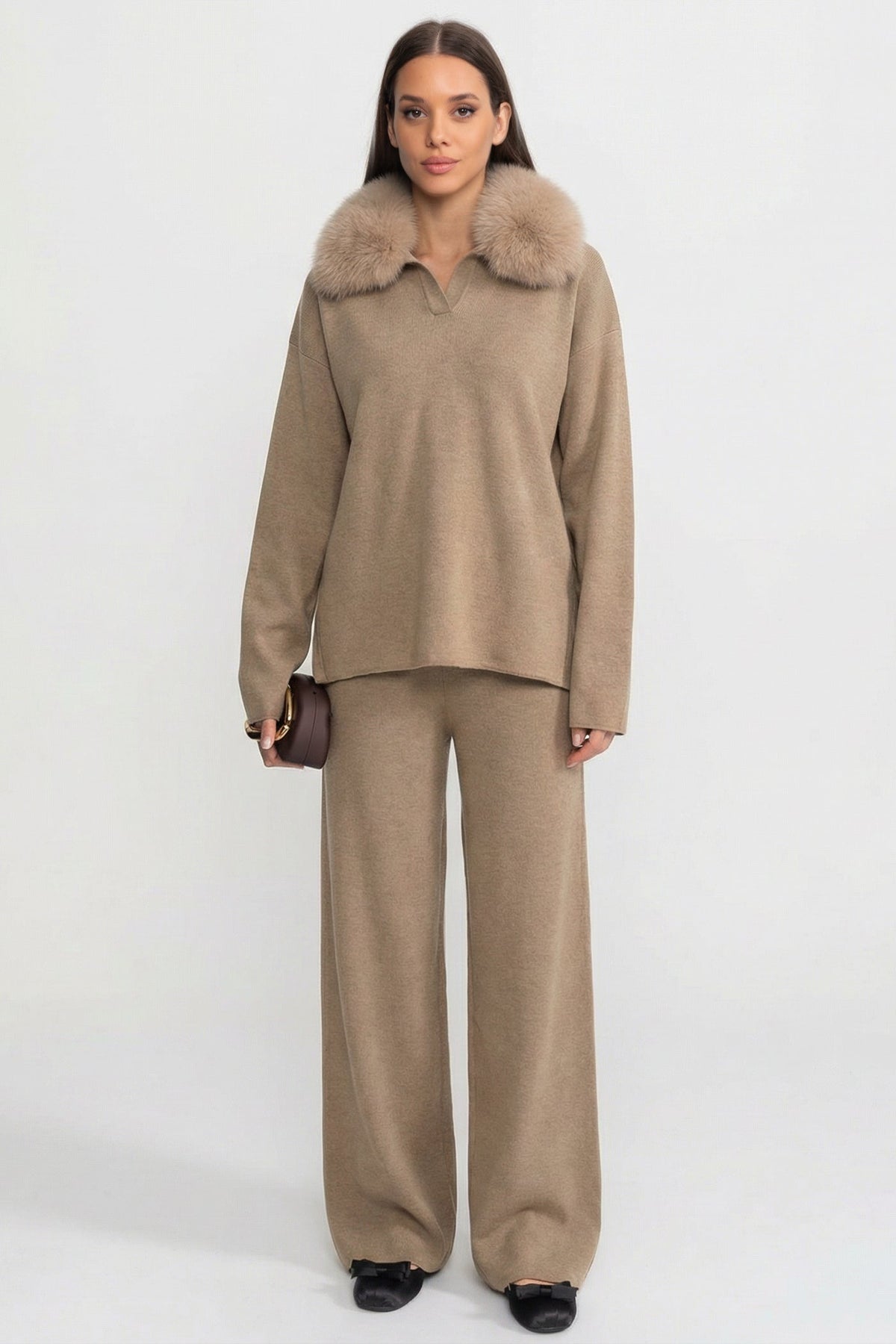Knit Lounge Co-Ord Set with Fox Fur Collar – Khaki