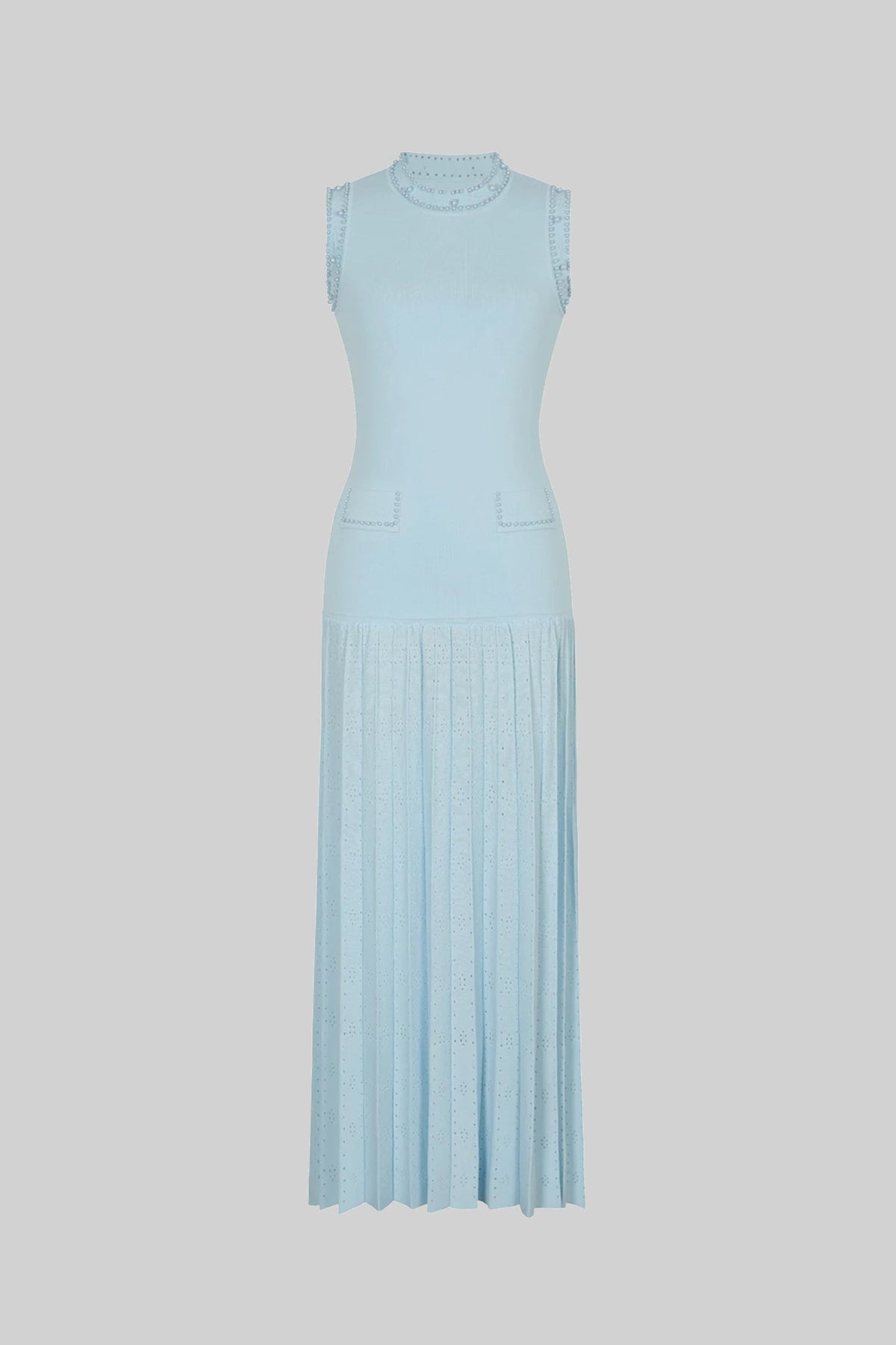 Knitted Sleeveless Midi Dress With Pearl Embellishments - Blue