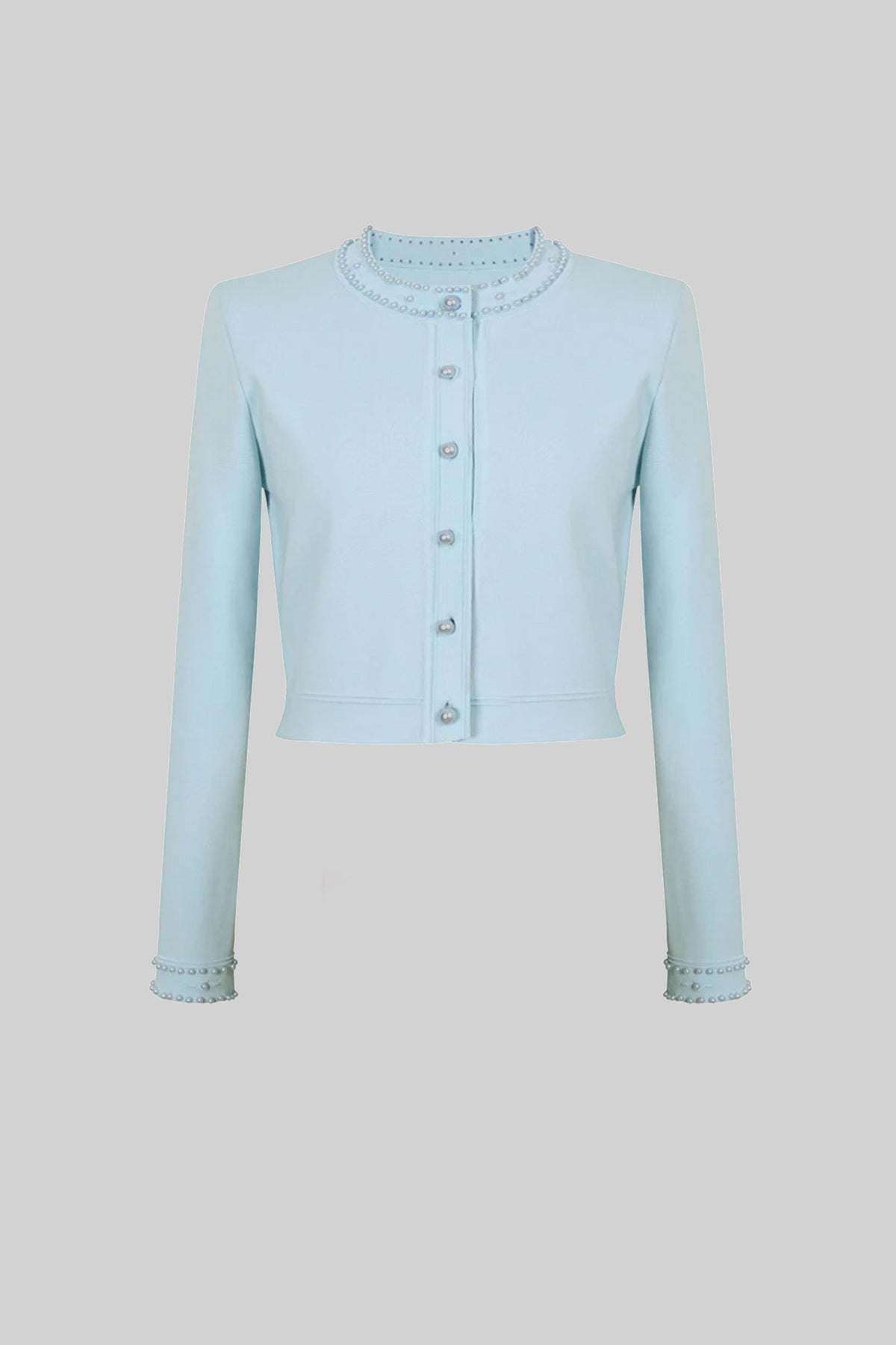 Knitted Cardigan With Pearl Buttons And Embellishments - Blue