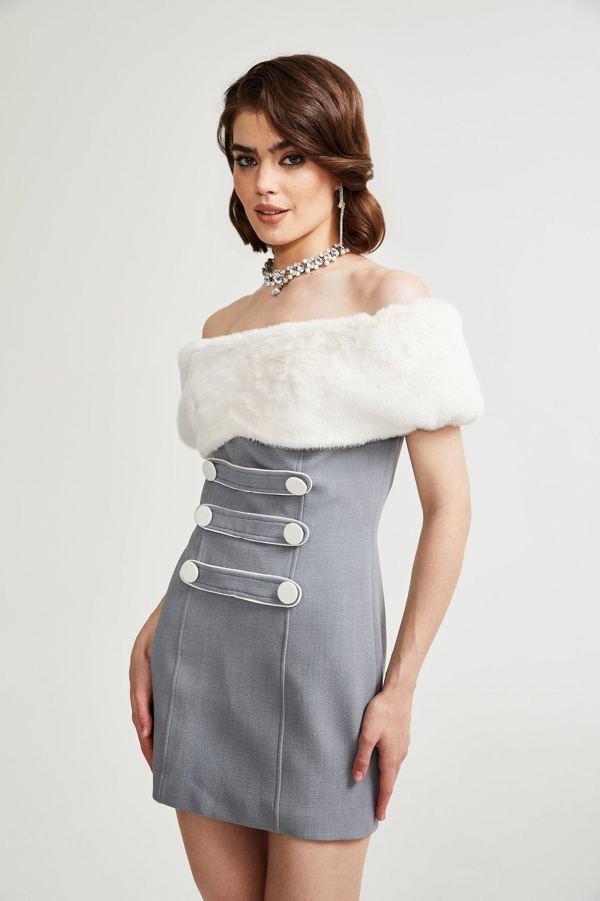 Lina grey faux-fur mini dress