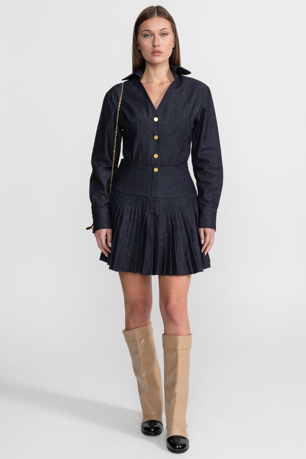 Denim Co-ord Set with Pleated Skirt and Gold Buttons - Dark Blue