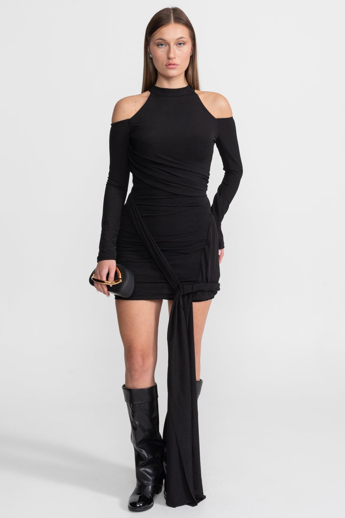 Cold-Shoulder Draped Mini Dress – Black