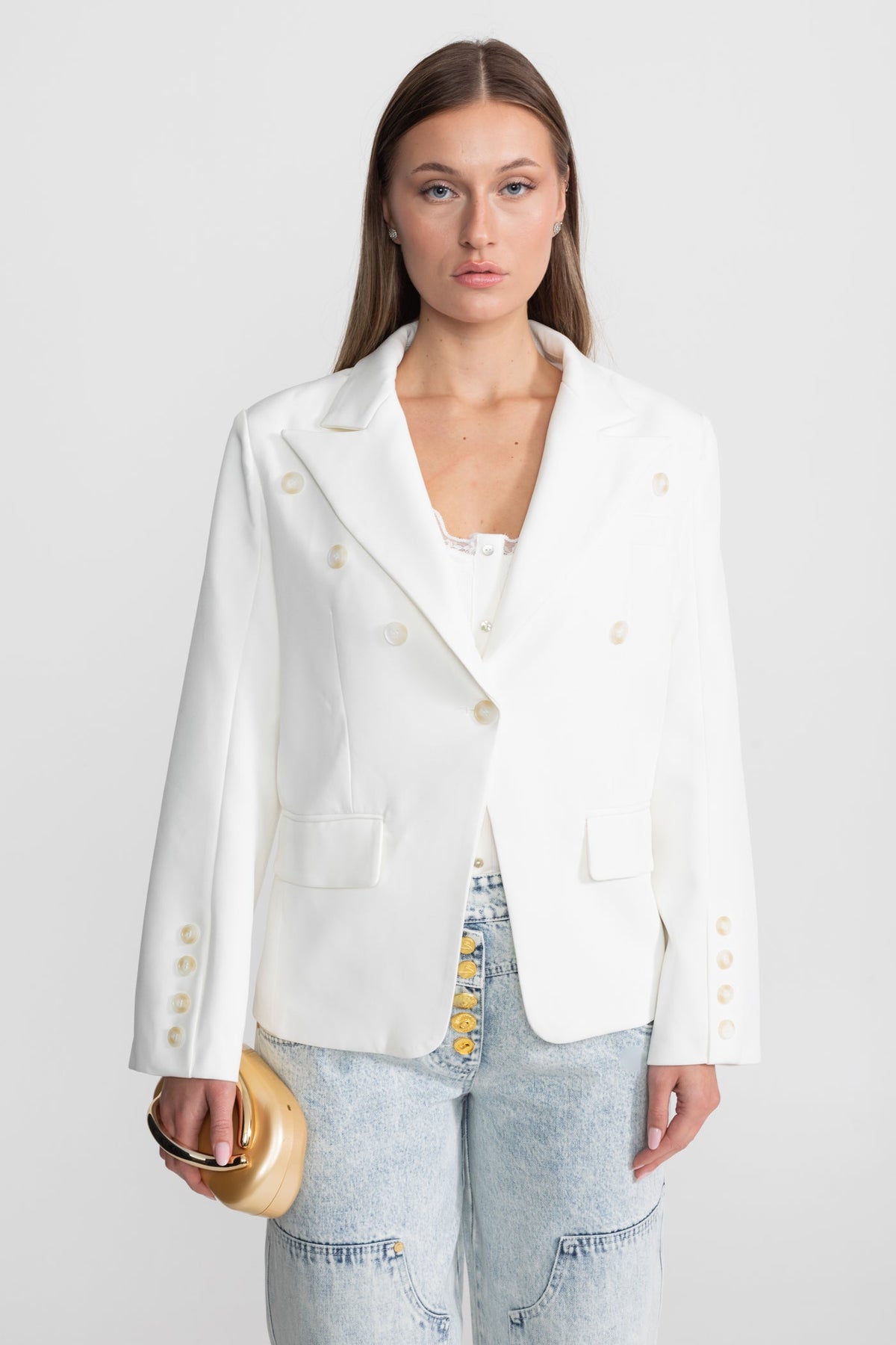 Double-Breasted Tailored Blazer With Peak Lapels – White