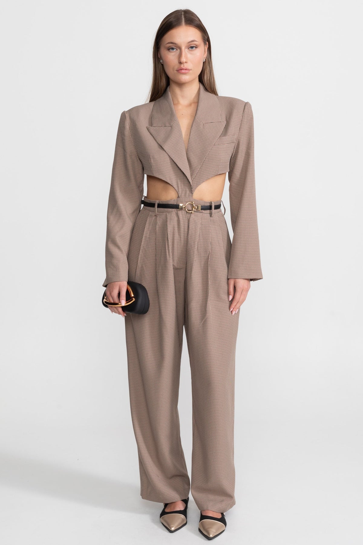 Cut-Out Jumpsuit With Slim Black Waistbelt – Taupe Check