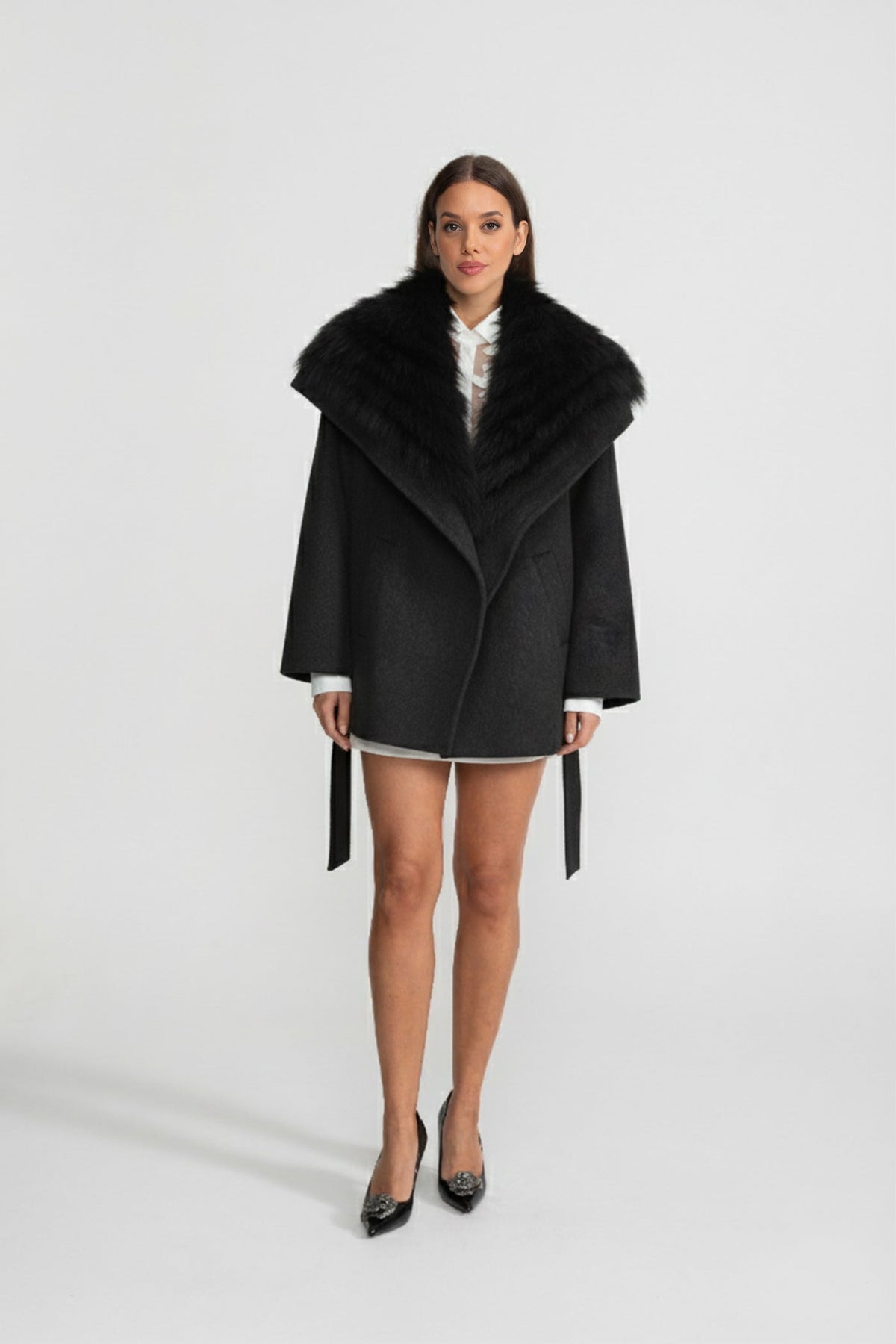 Wool Coat with Oversized Fur Collar And Belt - Black