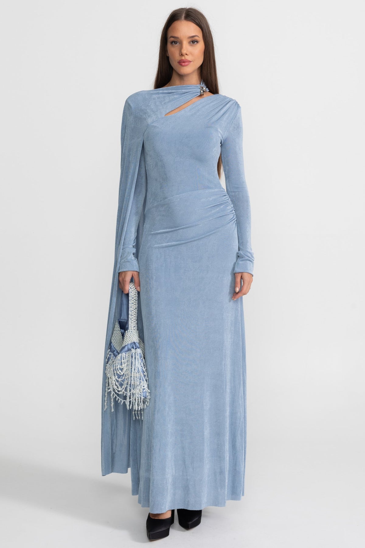 Elegant Draped Gown With Asymmetric Cutout – Blue