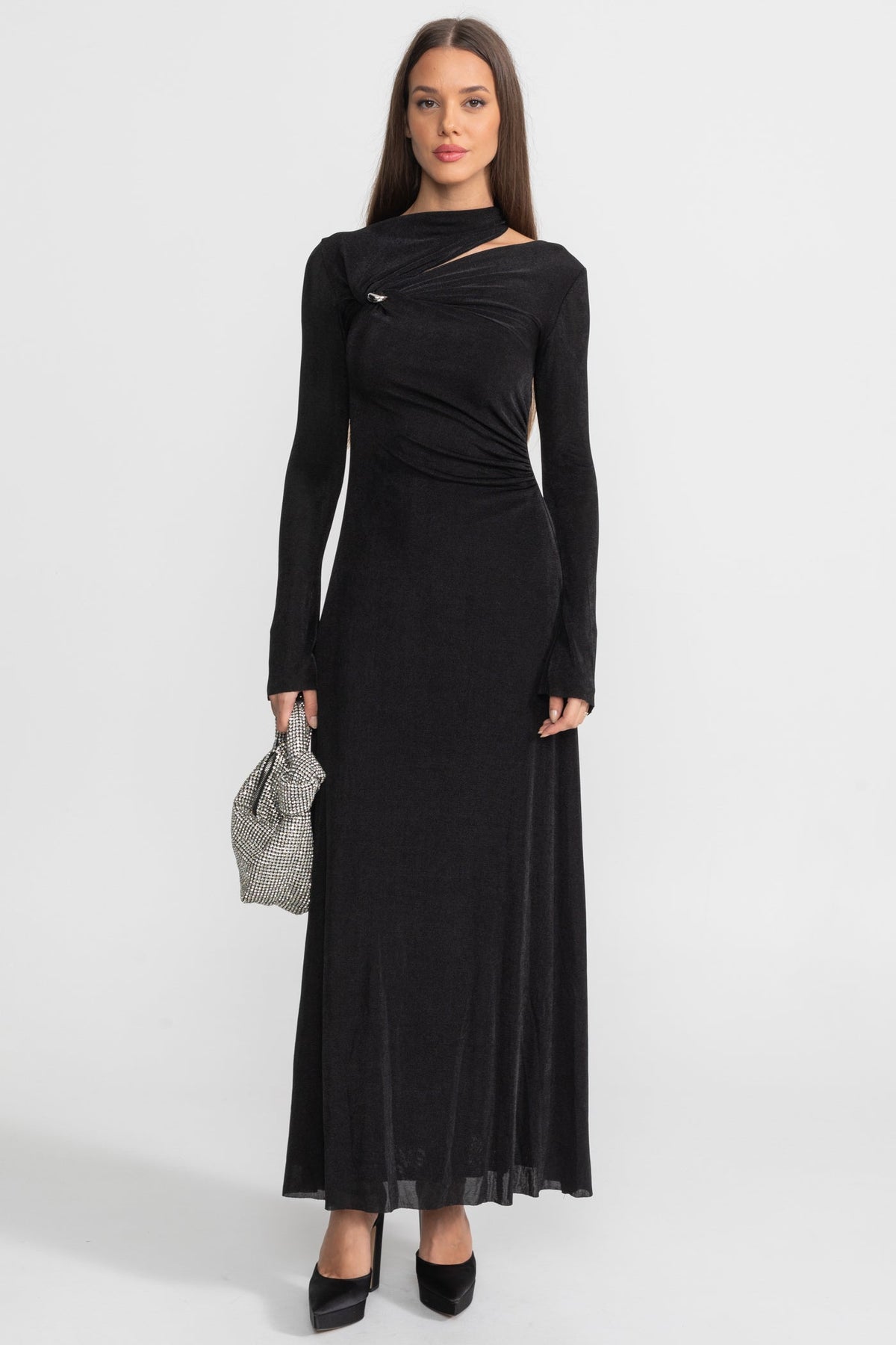 Draped Maxi Dress with Cut-Out and Elegant Detail - Black