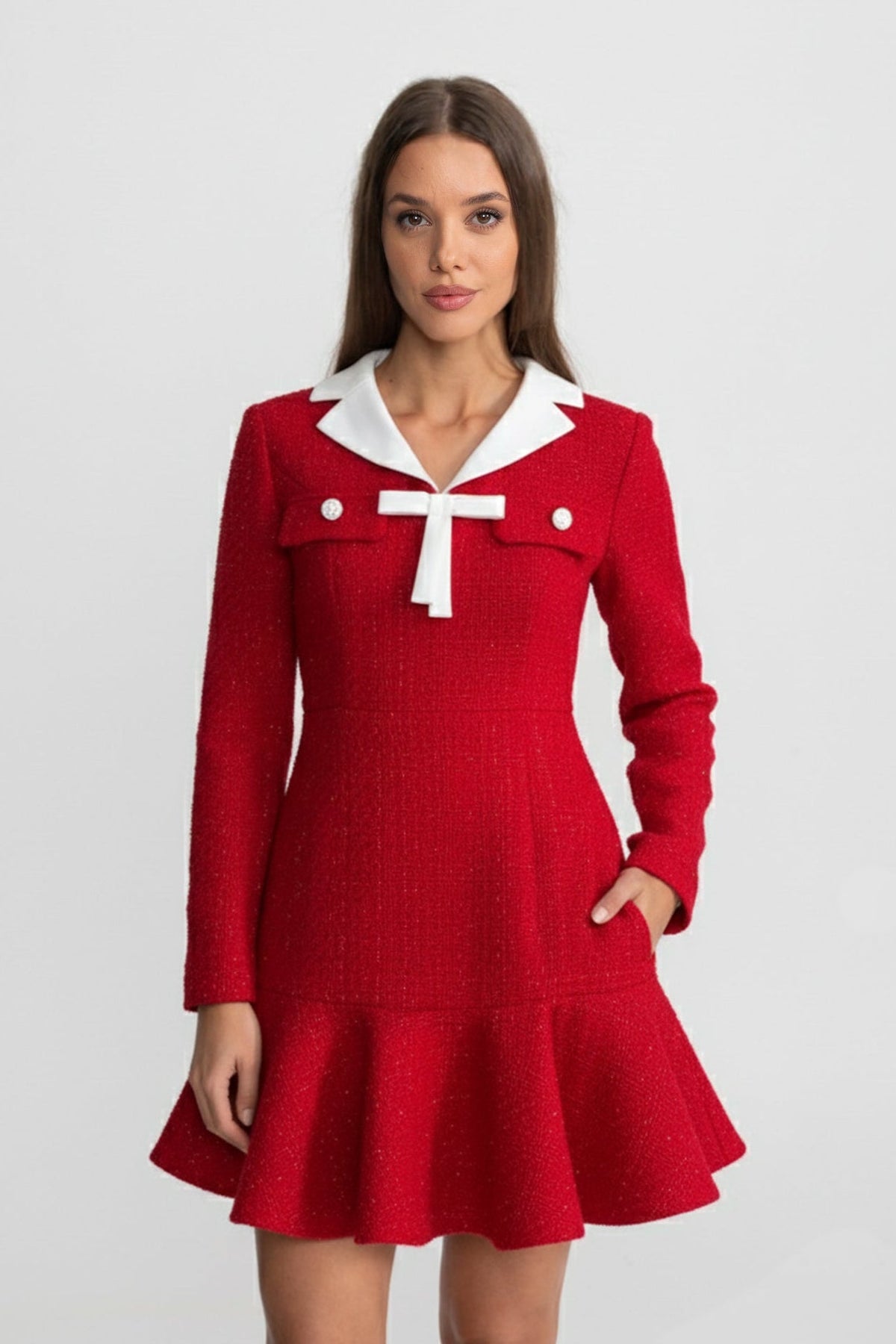 Tweed Fit-and-Flare Dress With Contrast Collar and Bow Detail – Red