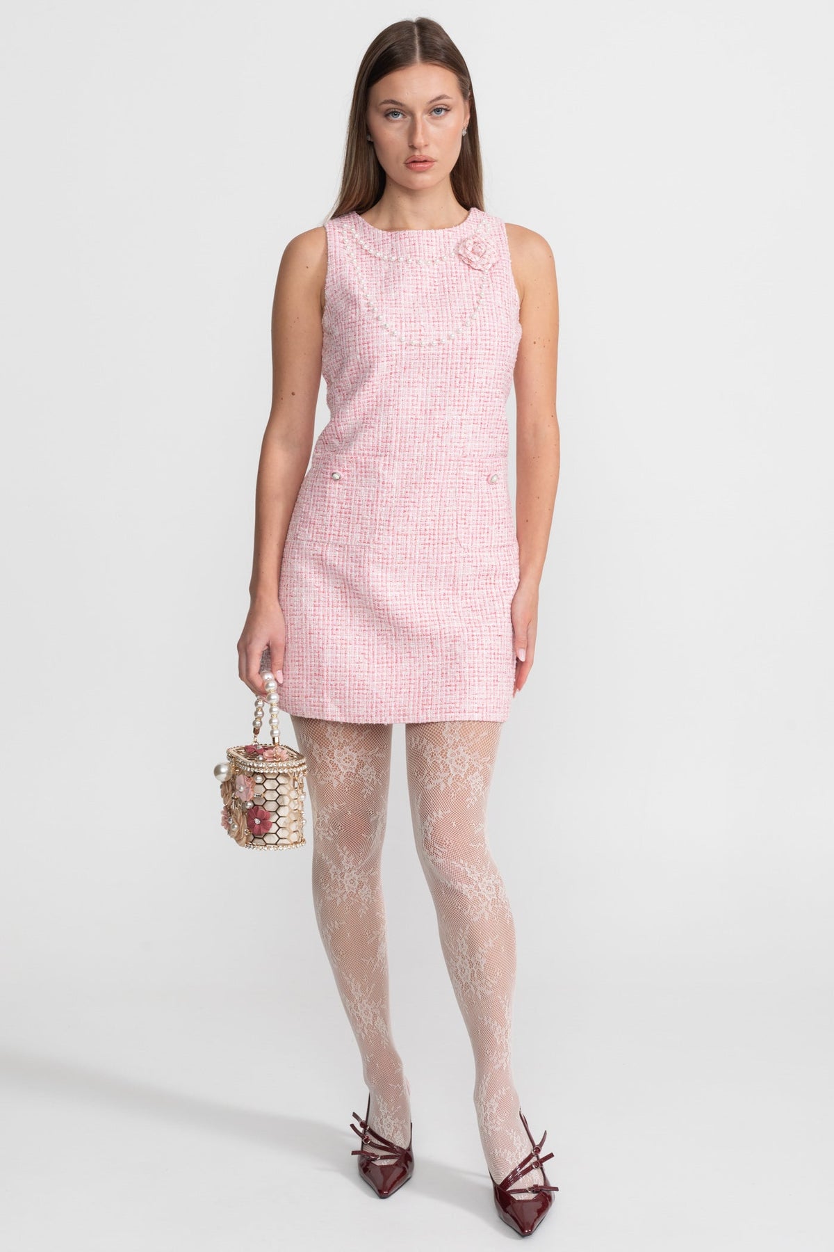 Sleeveless Tweed Mini Dress With Pearl Trim – Pink