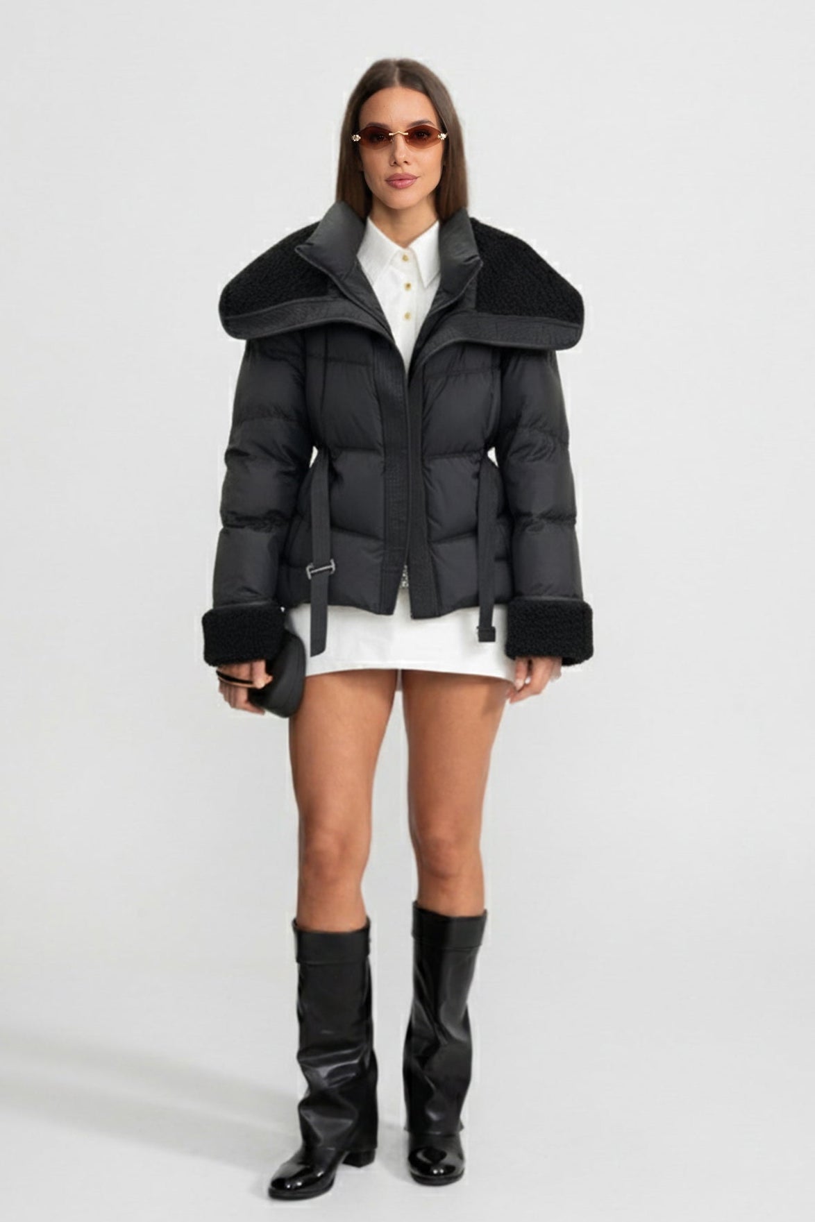 Puffer Jacket with Oversized Shearling Collar And Cuffs - Black