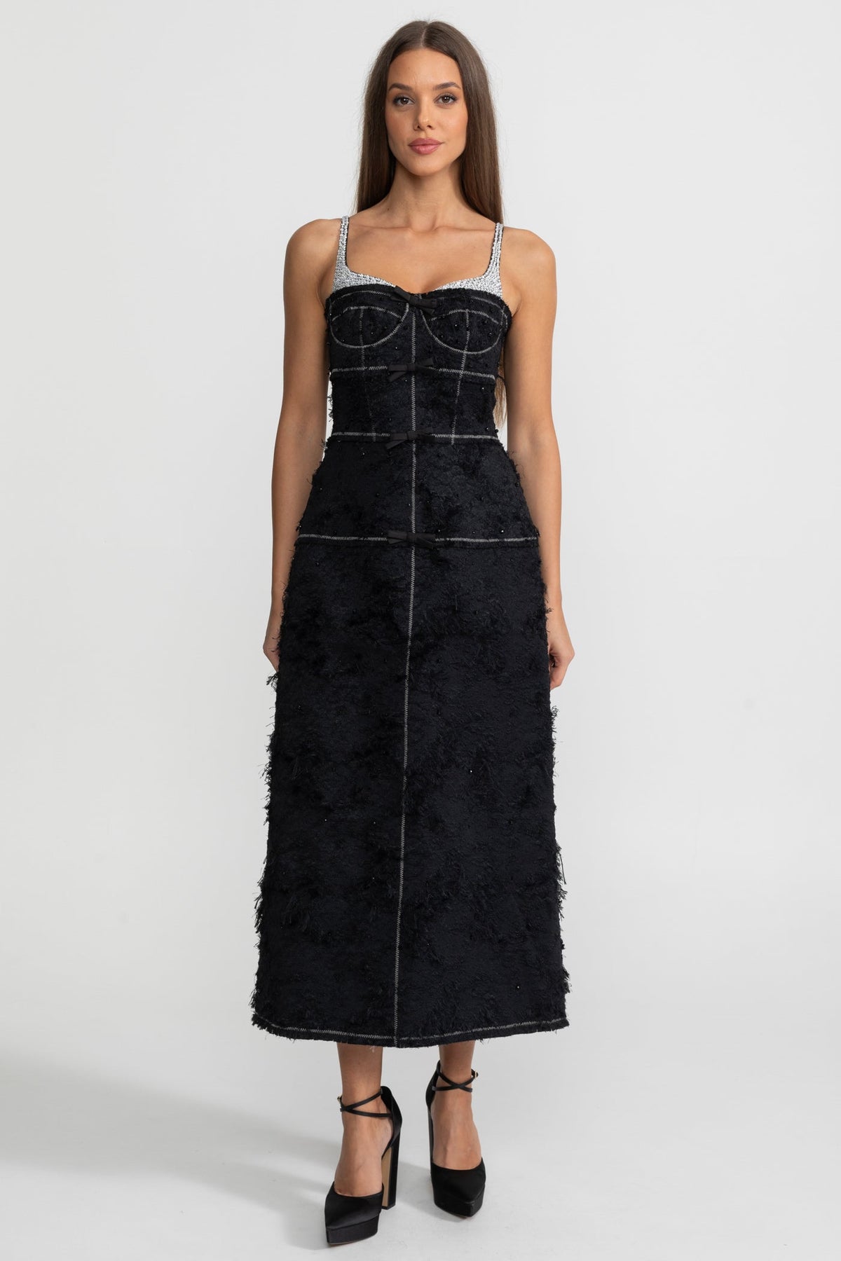 Textured Tweed Midi Dress With Contrast Straps and Bow Detailing – Black