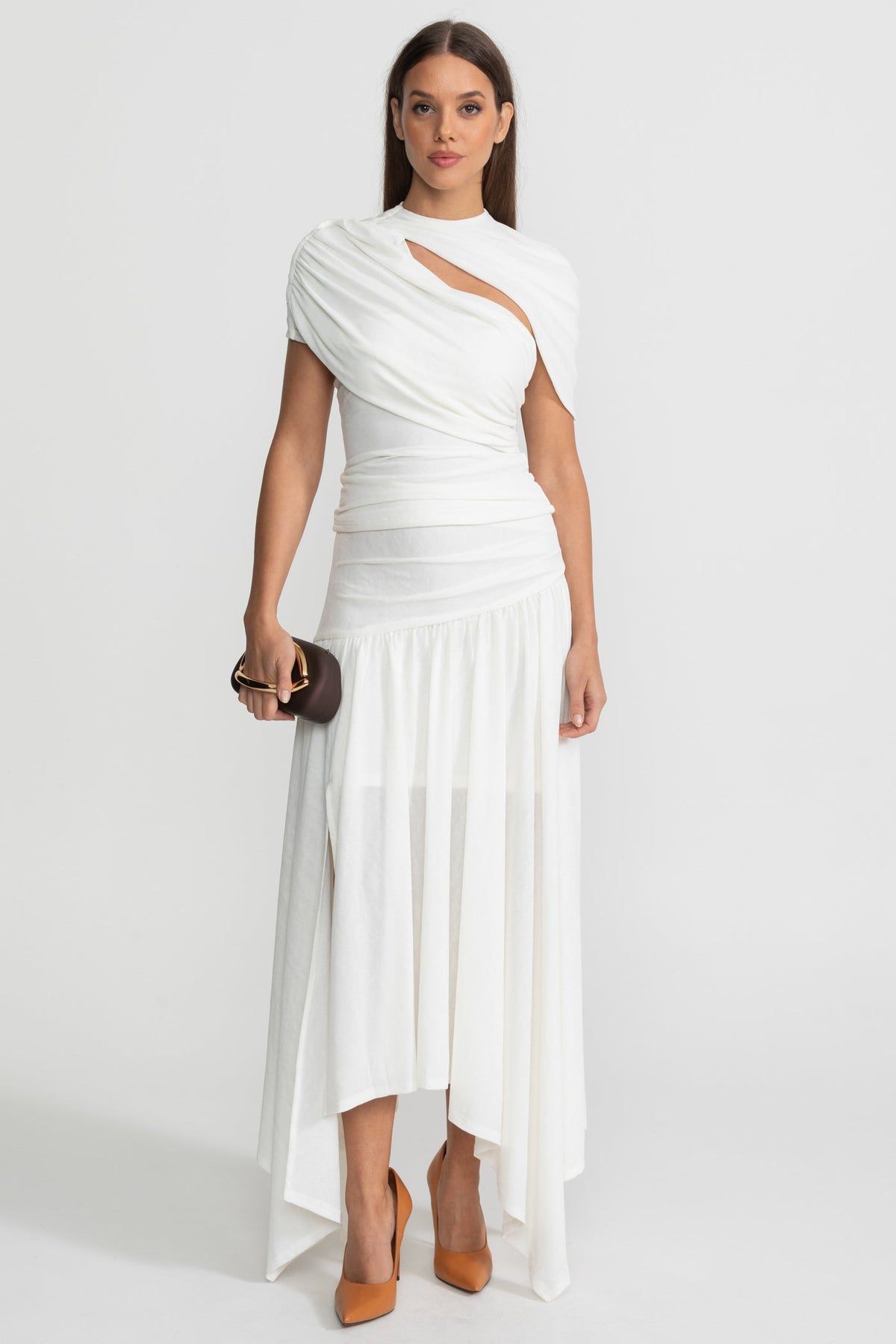Asymmetric Jersey Co-Ord with Draped Shoulder and Cutout Detail - White