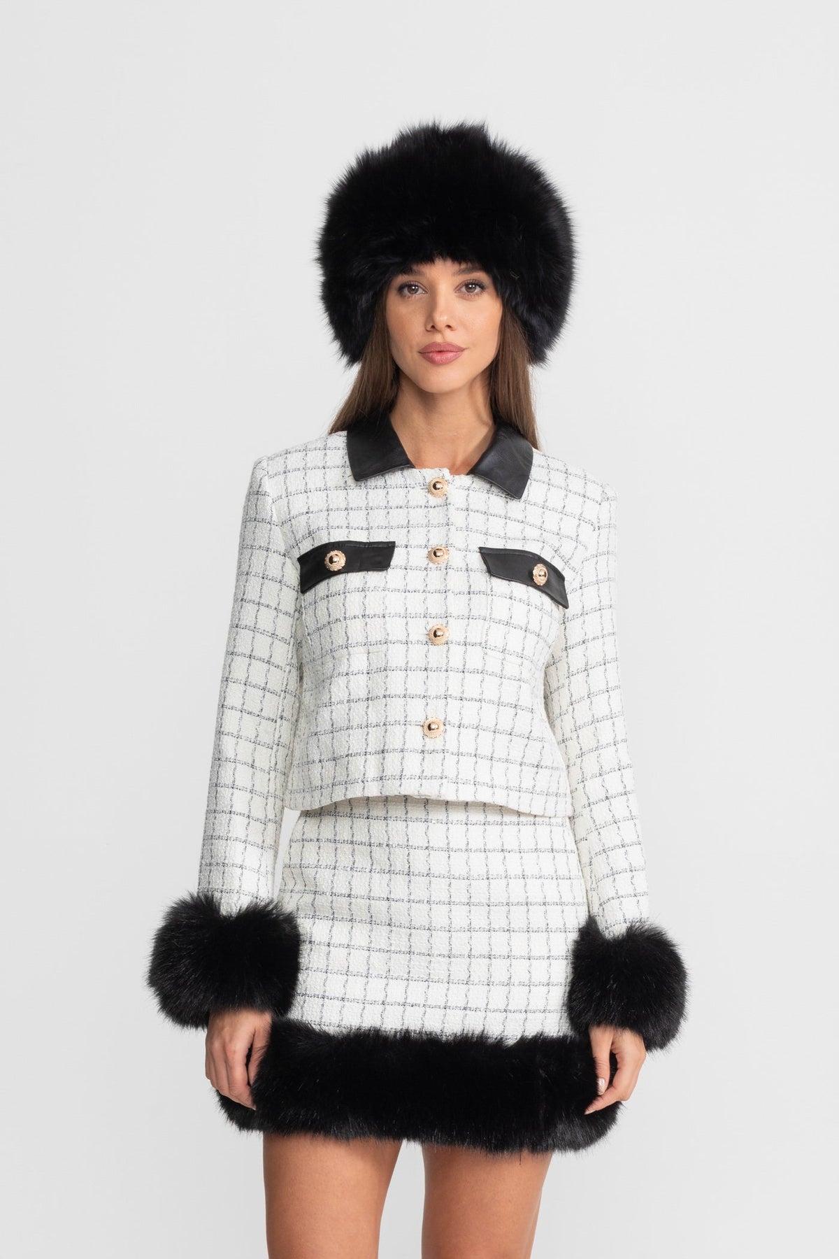 Tweed Co-Ord Set With Faux Fur Trim And Contrast Leather Details – White And Black