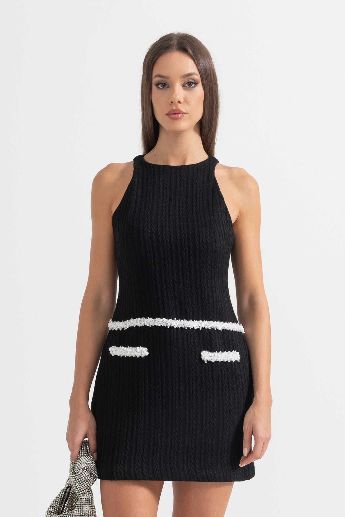 Elegant Sleeveless Textured Mini Dress- Black