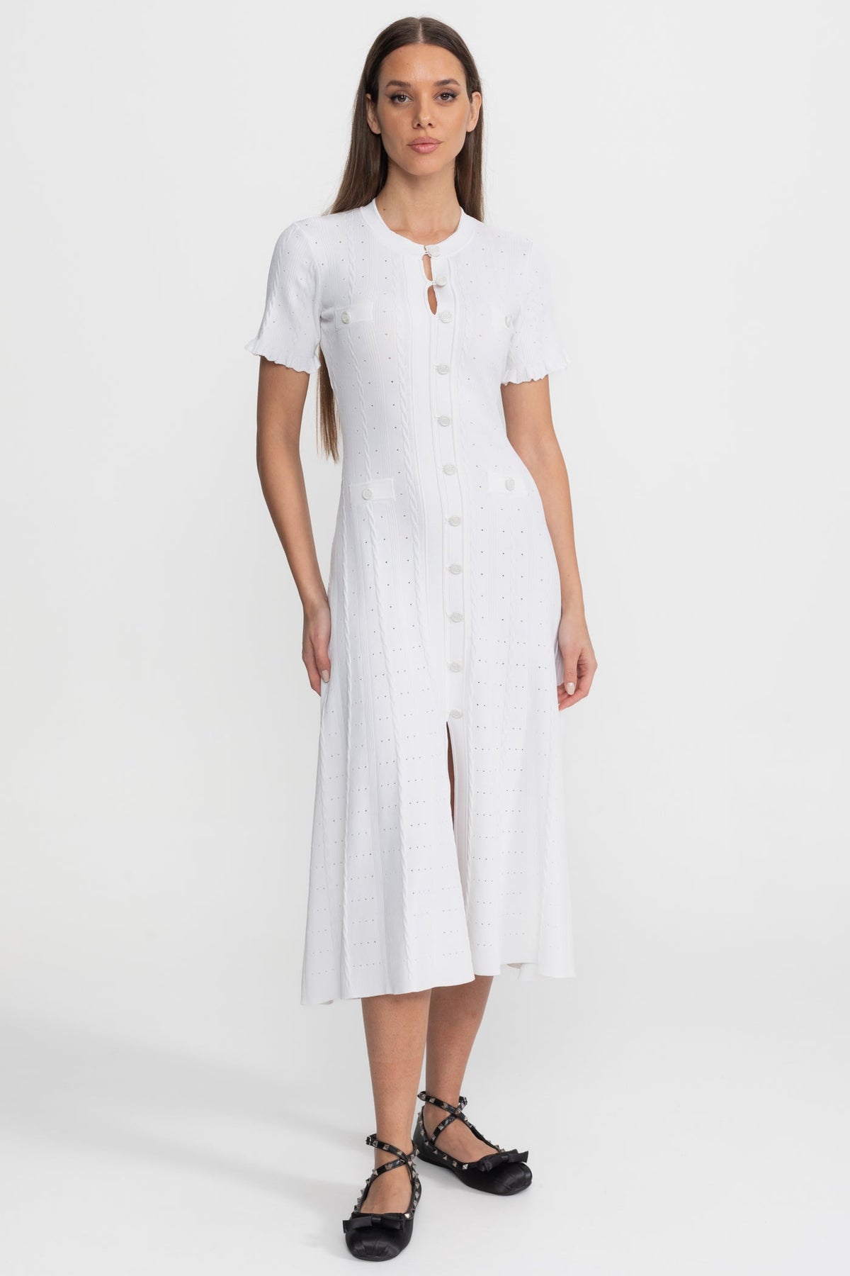 Knit Button-Front Midi Dress with Scalloped Sleeves – White