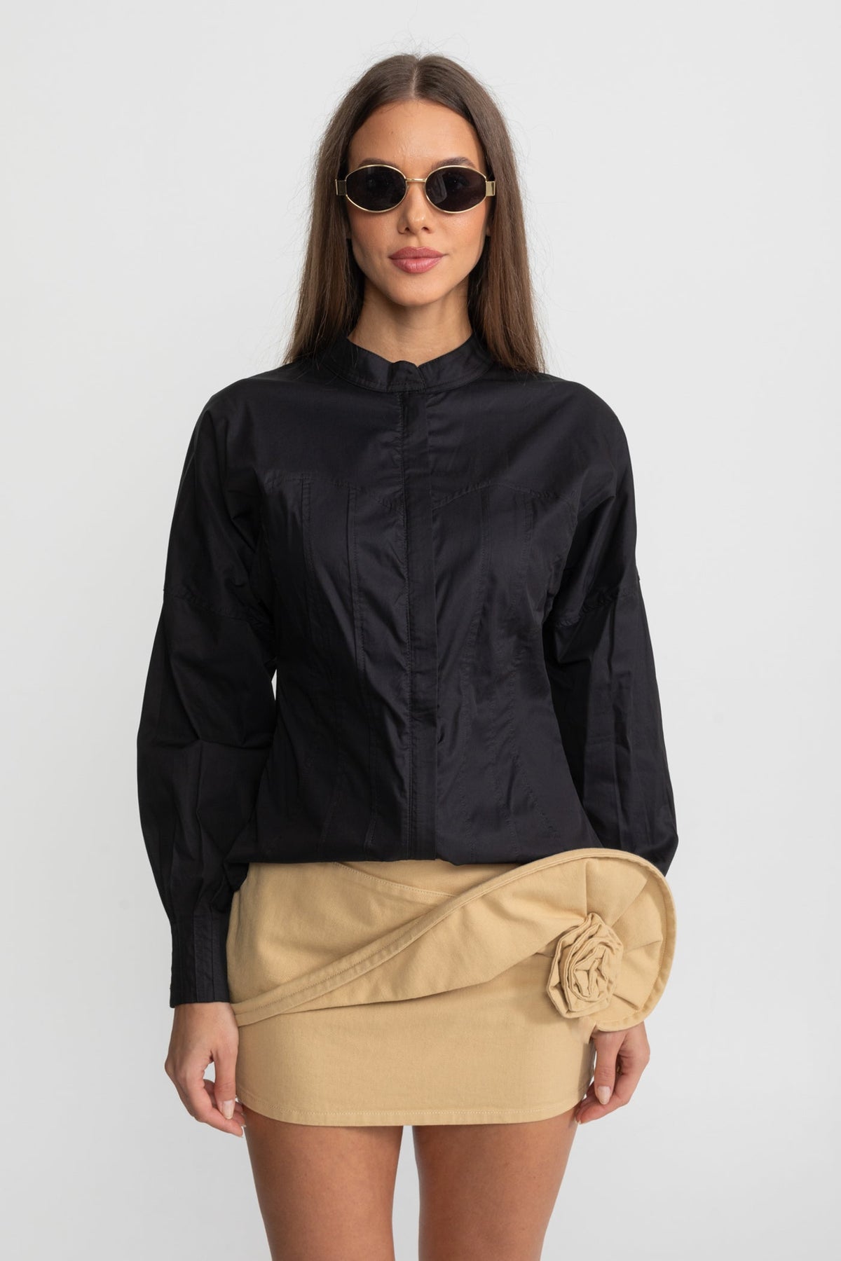 Structured Cotton Poplin Shirt With Corset Stitch Detailing – Black
