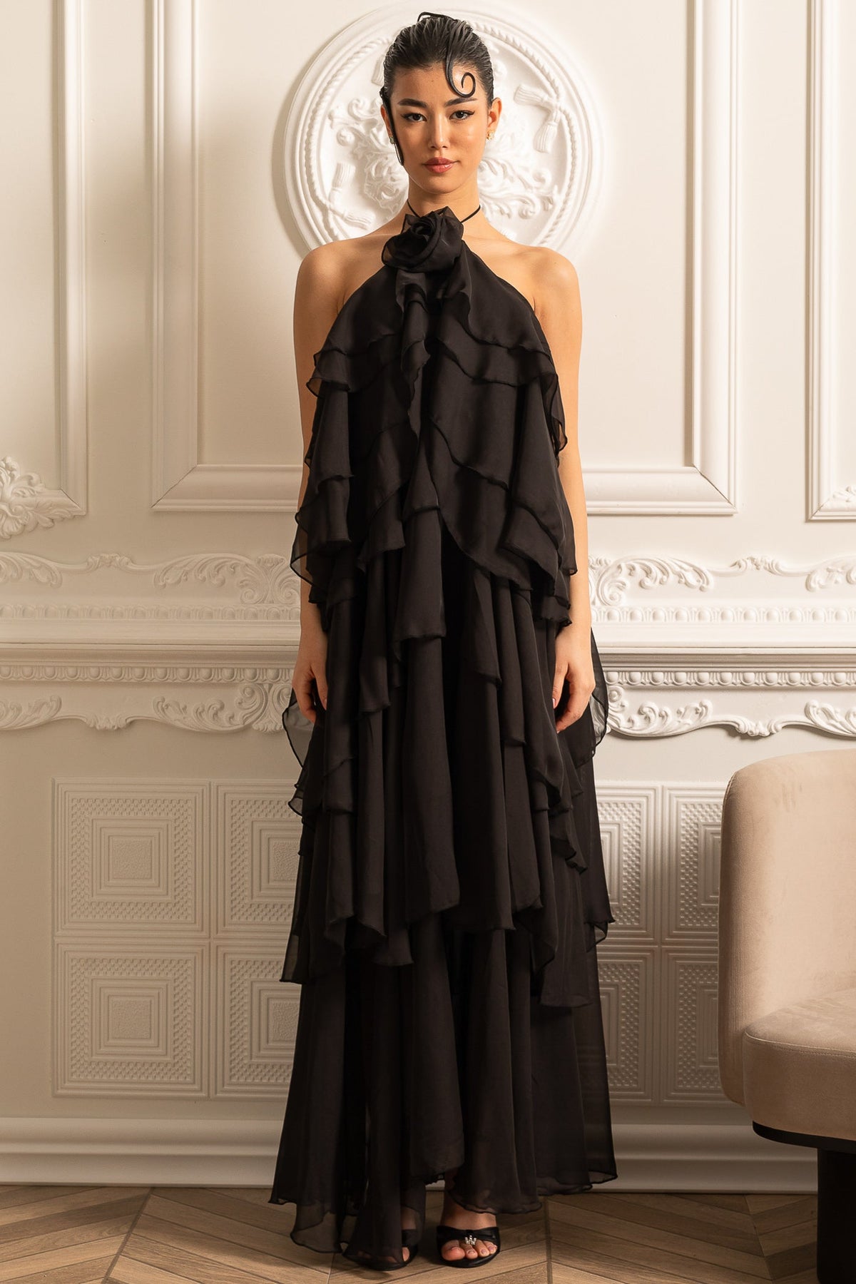 Layered Ruffle Halter Dress With Decorative Neckline Flower - Black