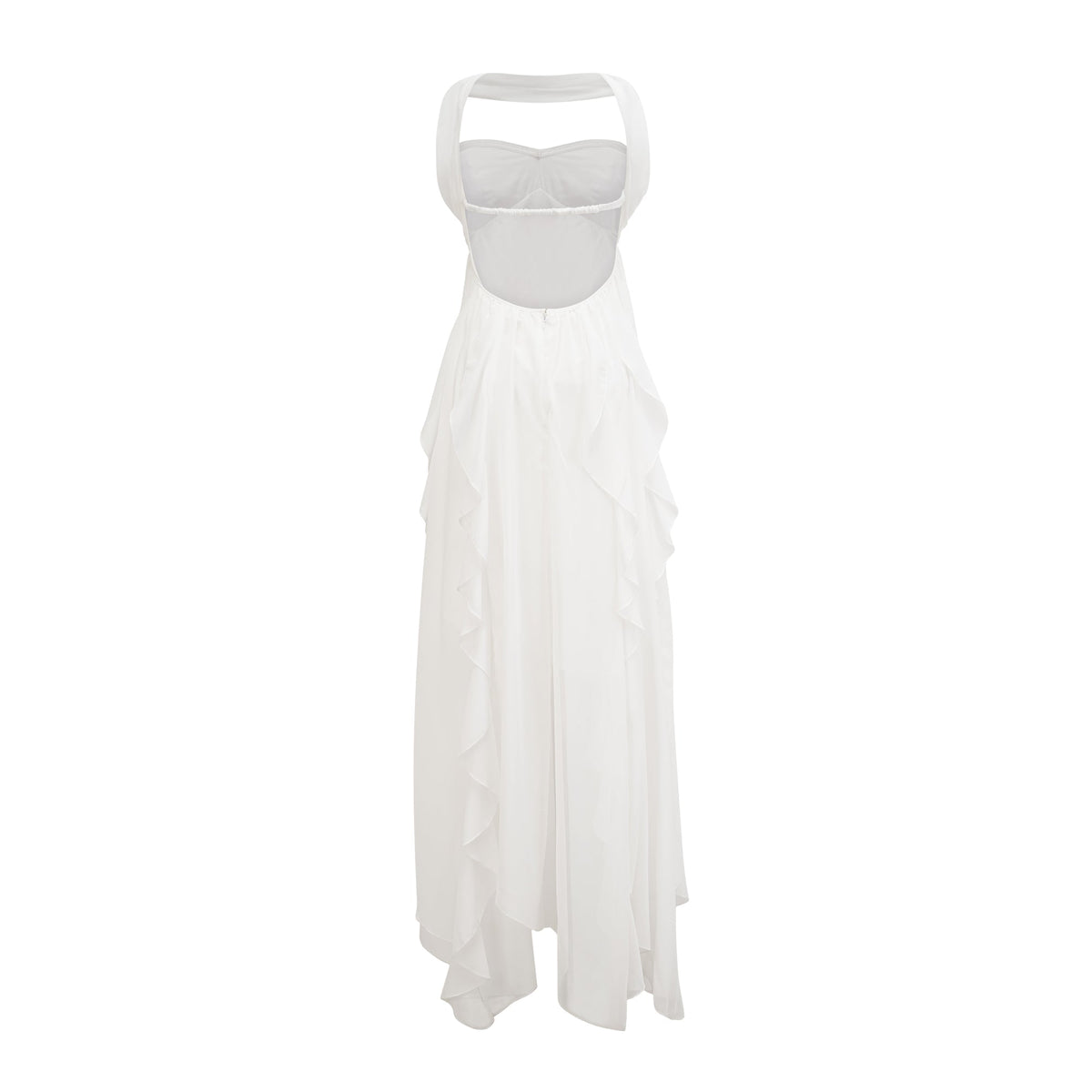 Mariah white chiffon ruffle halter neck maxi dress