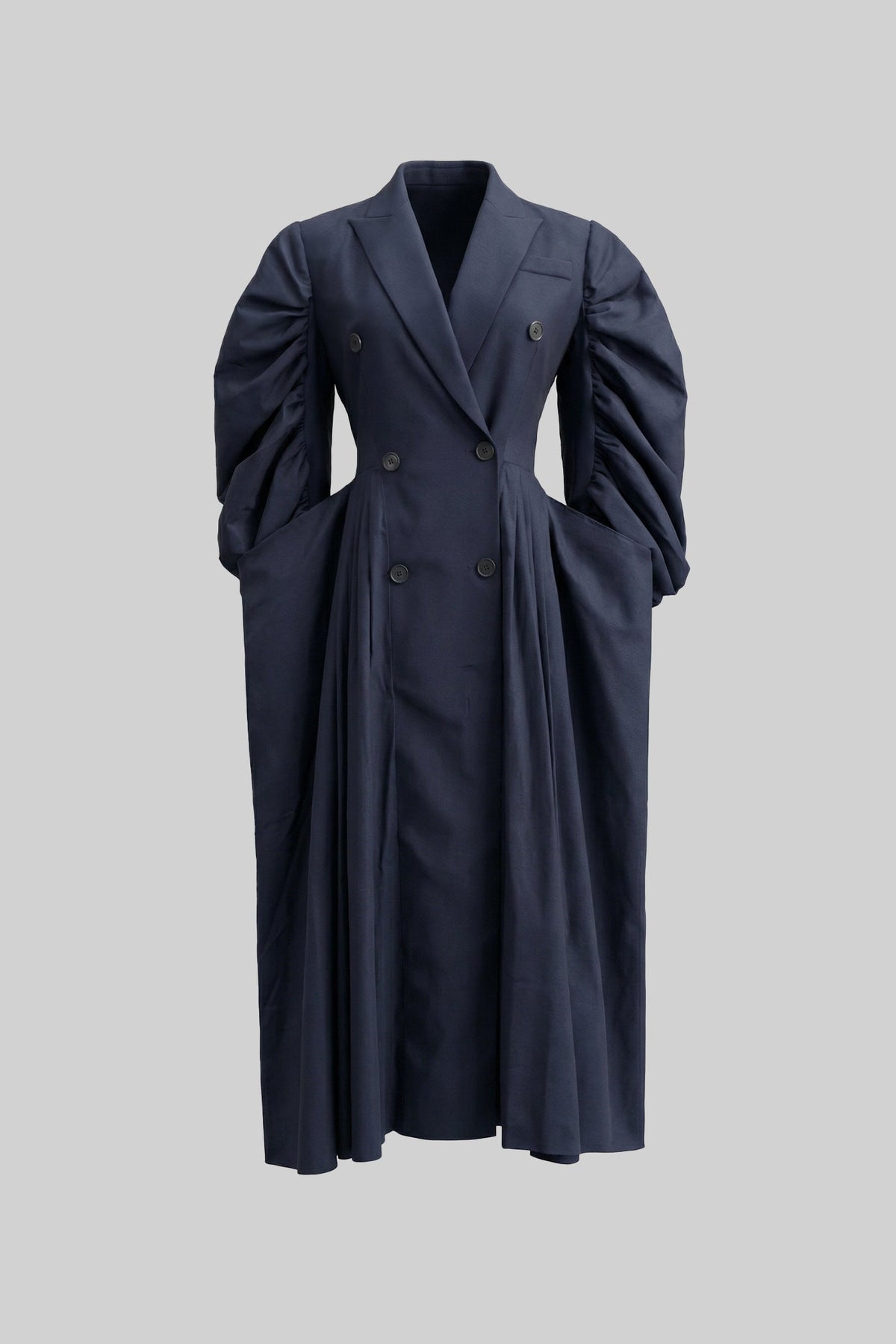 Double-Breasted Midi Dress With Voluminous Gathered Sleeves - Navy