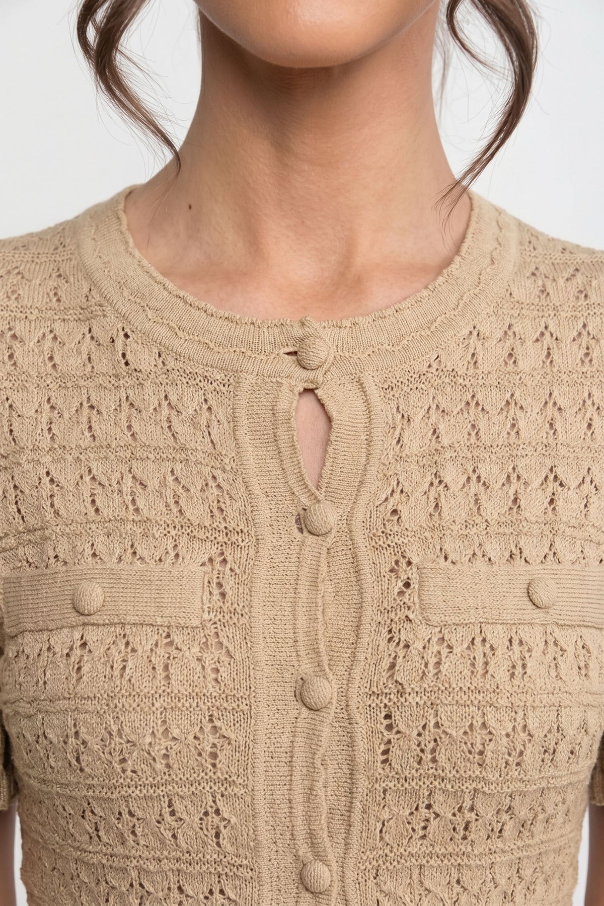 Short Sleeve Midi Dress With Shimmer Knit Texture - Beige