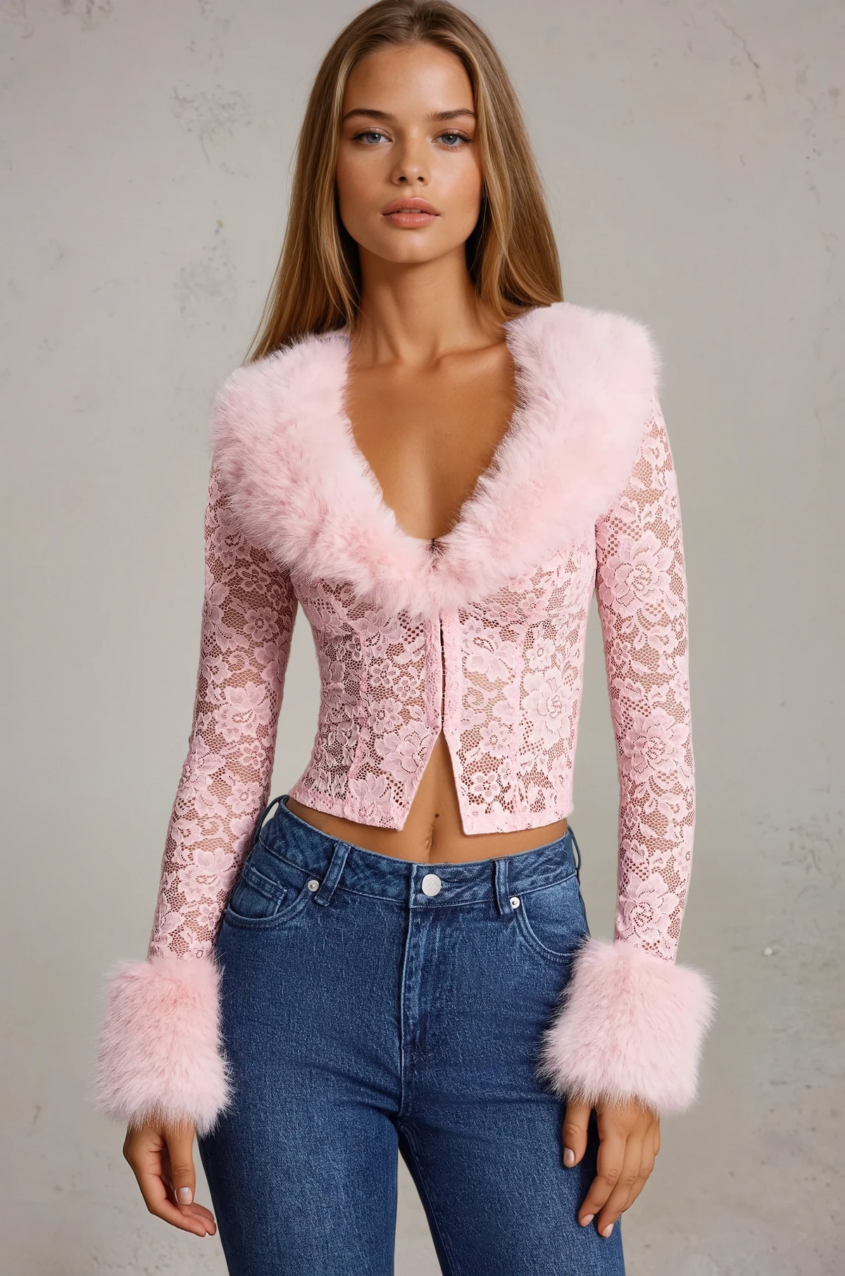 CELIA Faux Fur-Trim Lace Cardigan and skirt set  in Blush  Pink