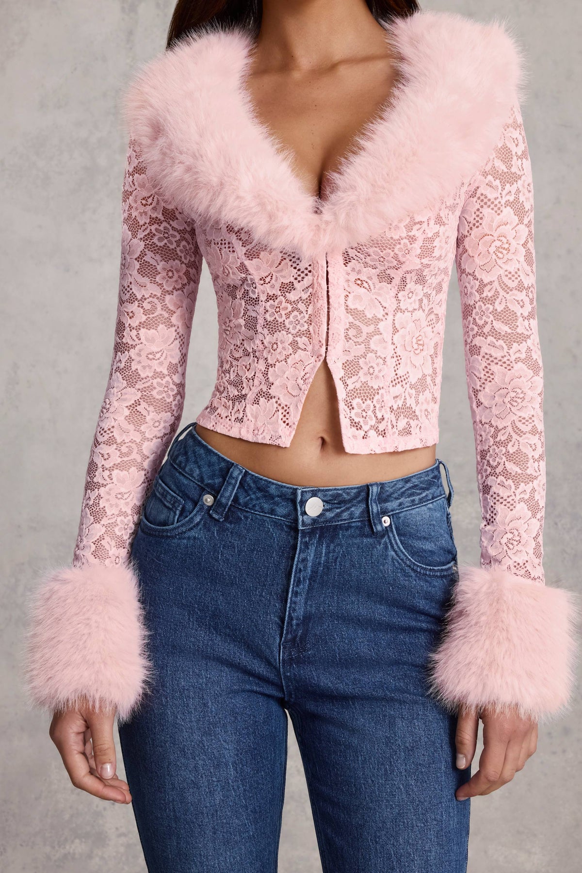 CELIA Faux Fur-Trim Lace Cardigan and skirt set  in Blush  Pink