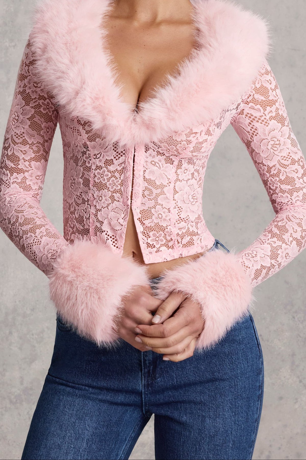 CELIA Faux Fur-Trim Lace Cardigan and skirt set  in Blush  Pink