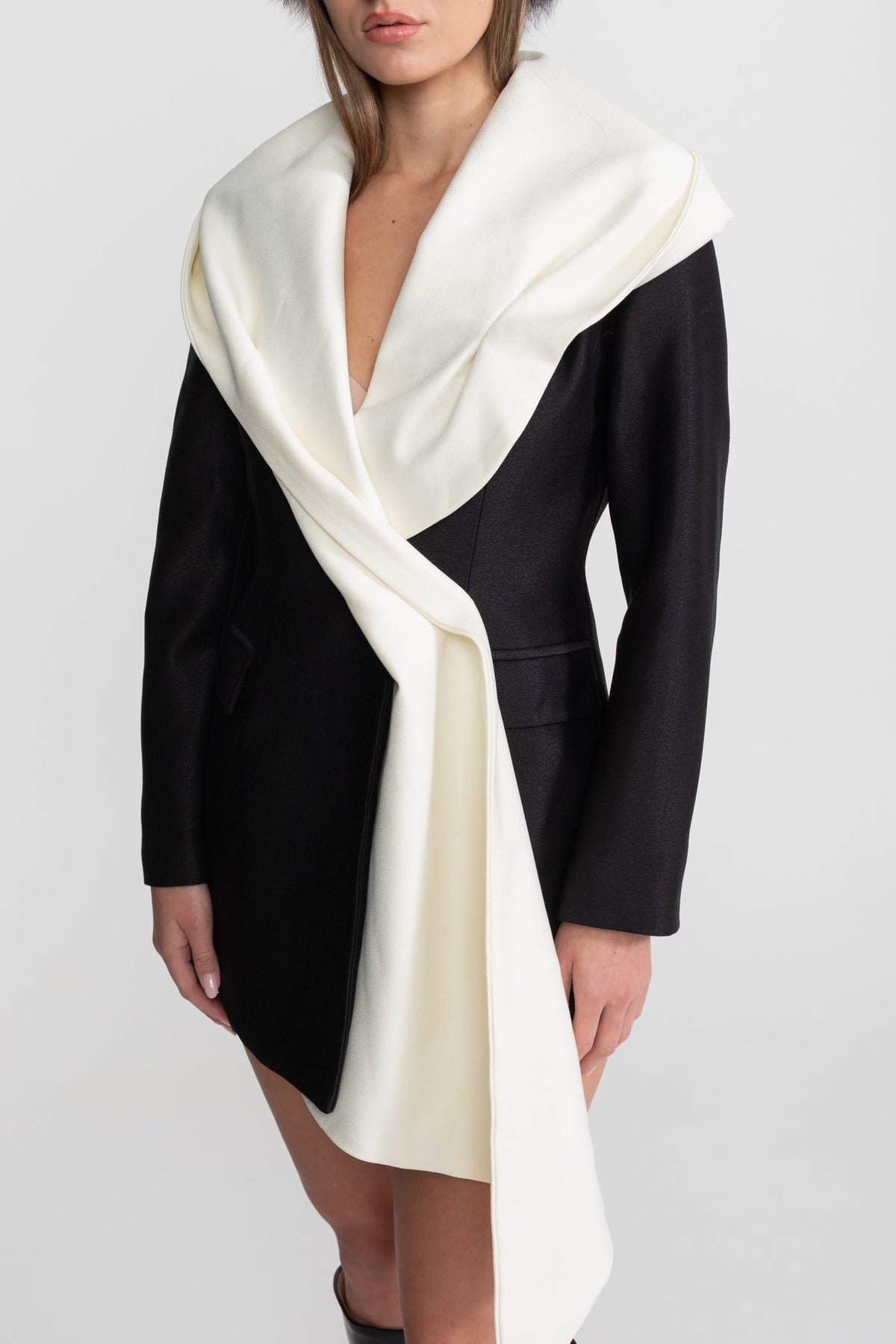 Draped Lapel Asymmetric Blazer Dress – Black/Ivory