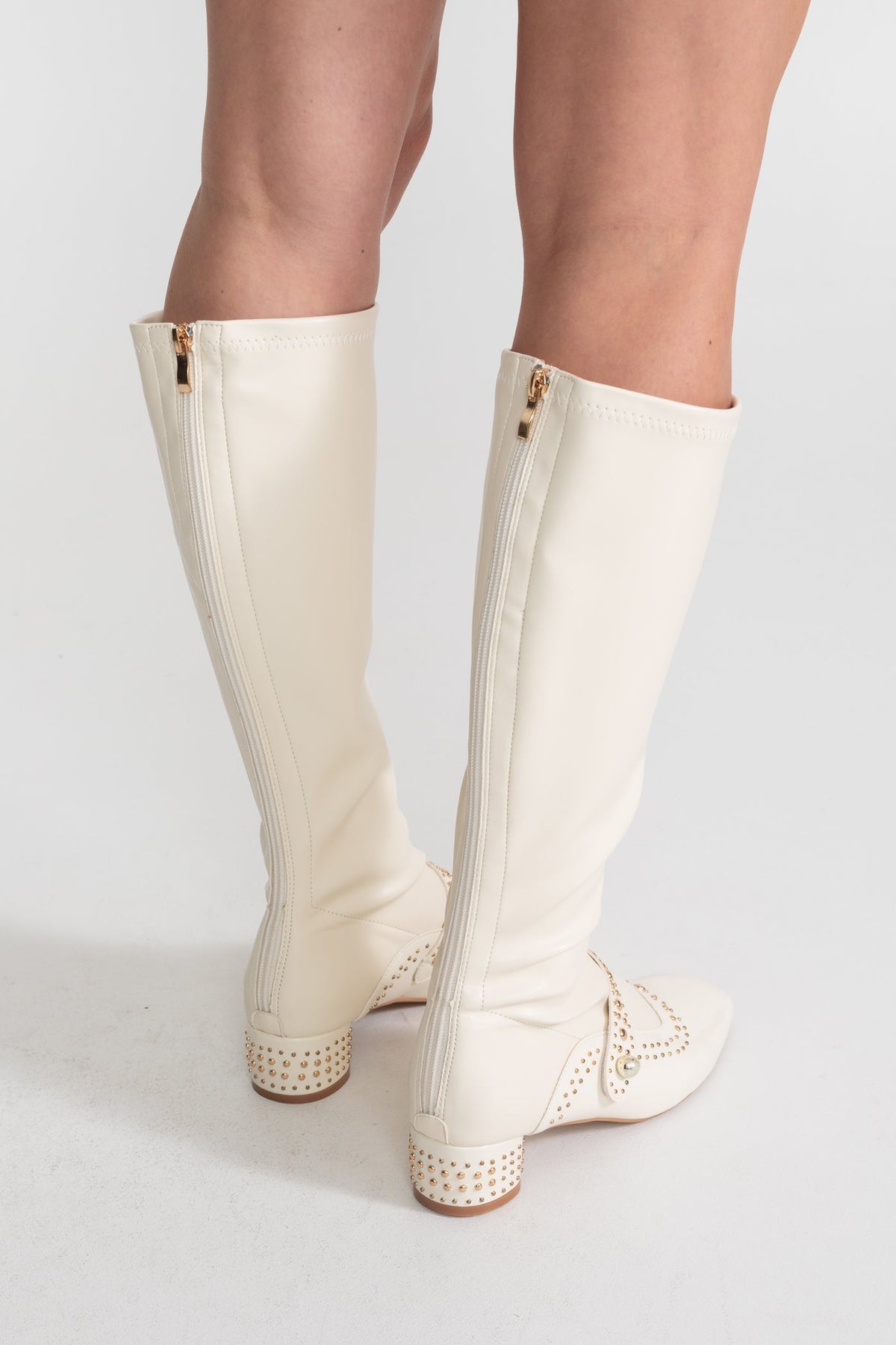 Studded Knee-High Boots With Pearl Strap Detail – Ivoire