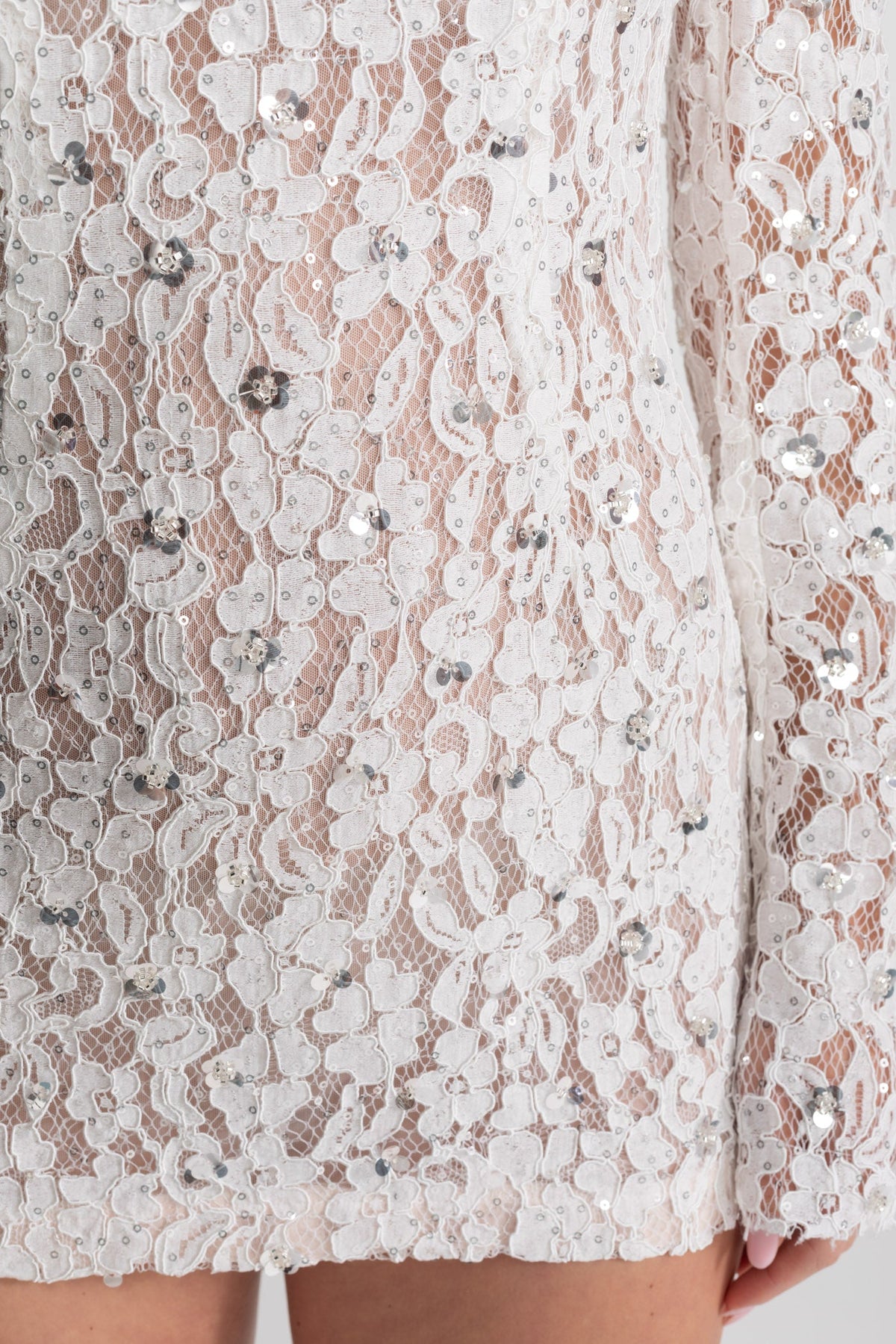 Sequin Lace Mini Dress With Structured Shoulders – White