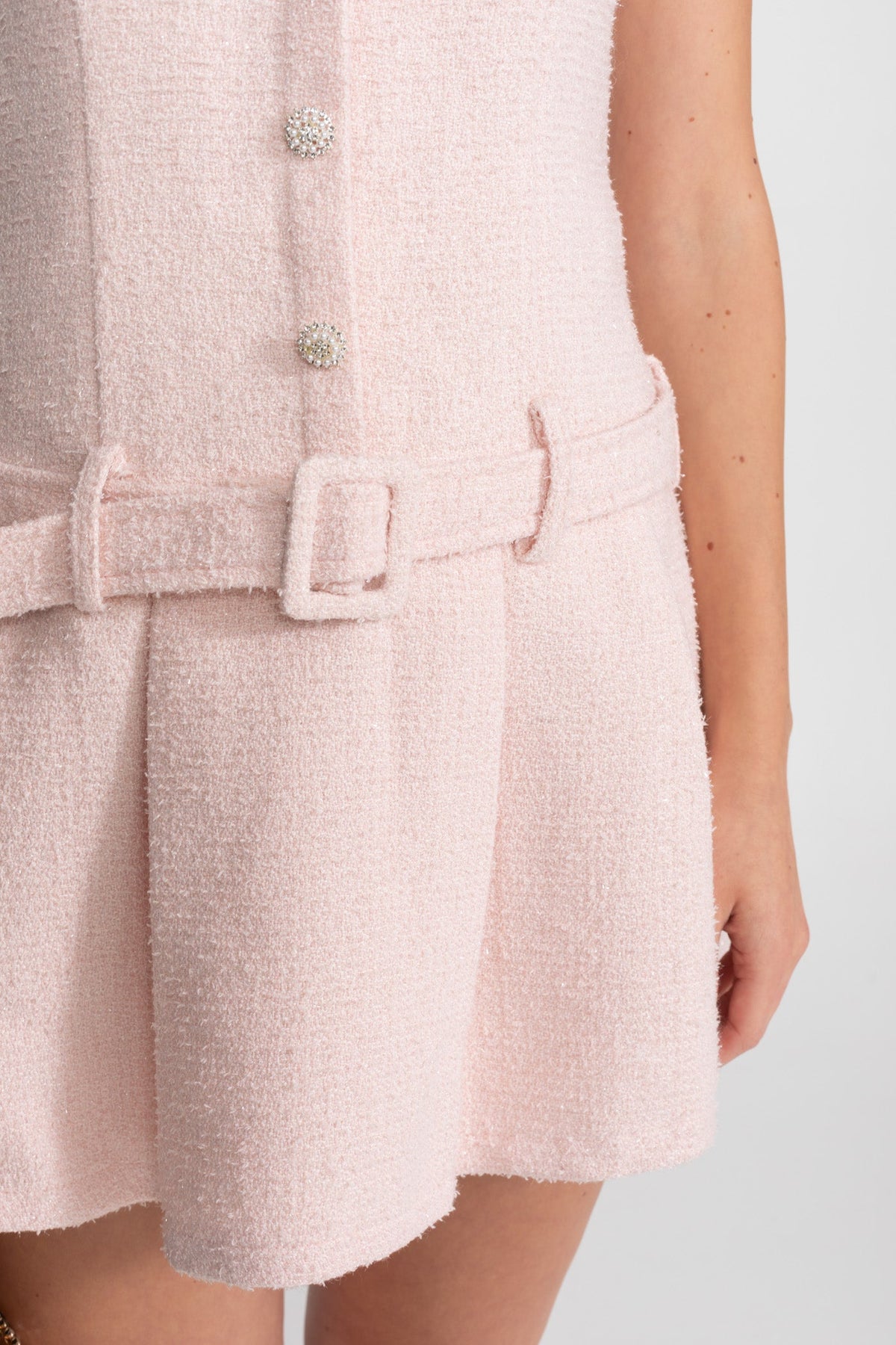 Crystal-Embellished Tweed Mini Dress With Belt – Blush