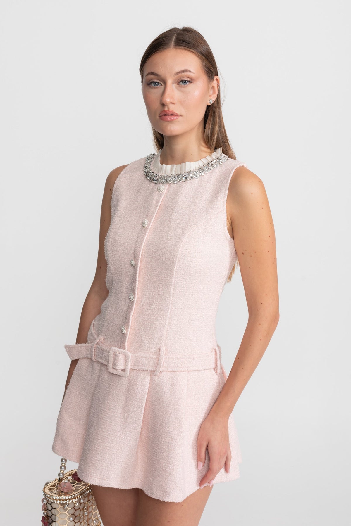 Crystal-Embellished Tweed Mini Dress With Belt – Blush