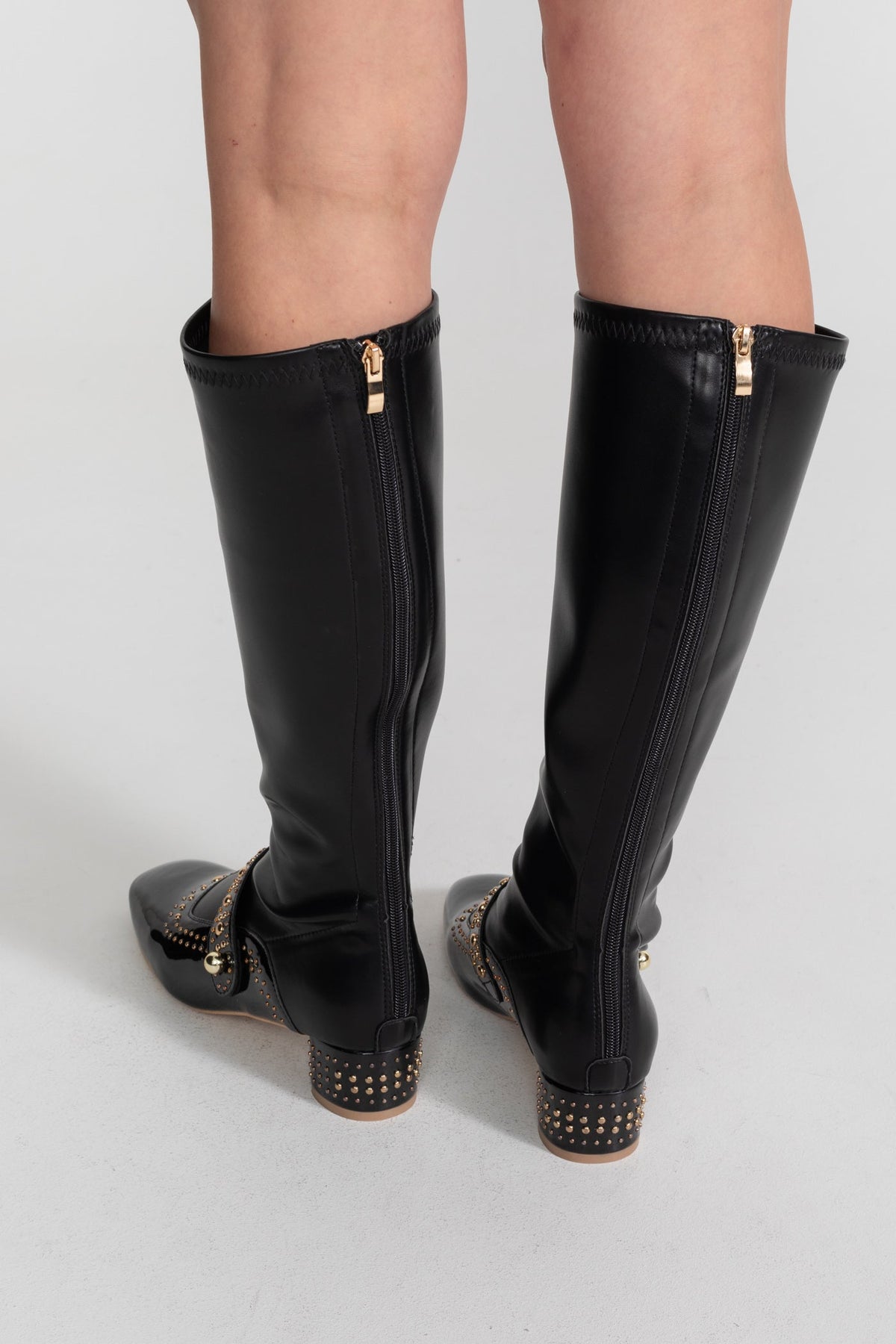 Studded Knee-High Boots With Pearl Strap Detail – Black